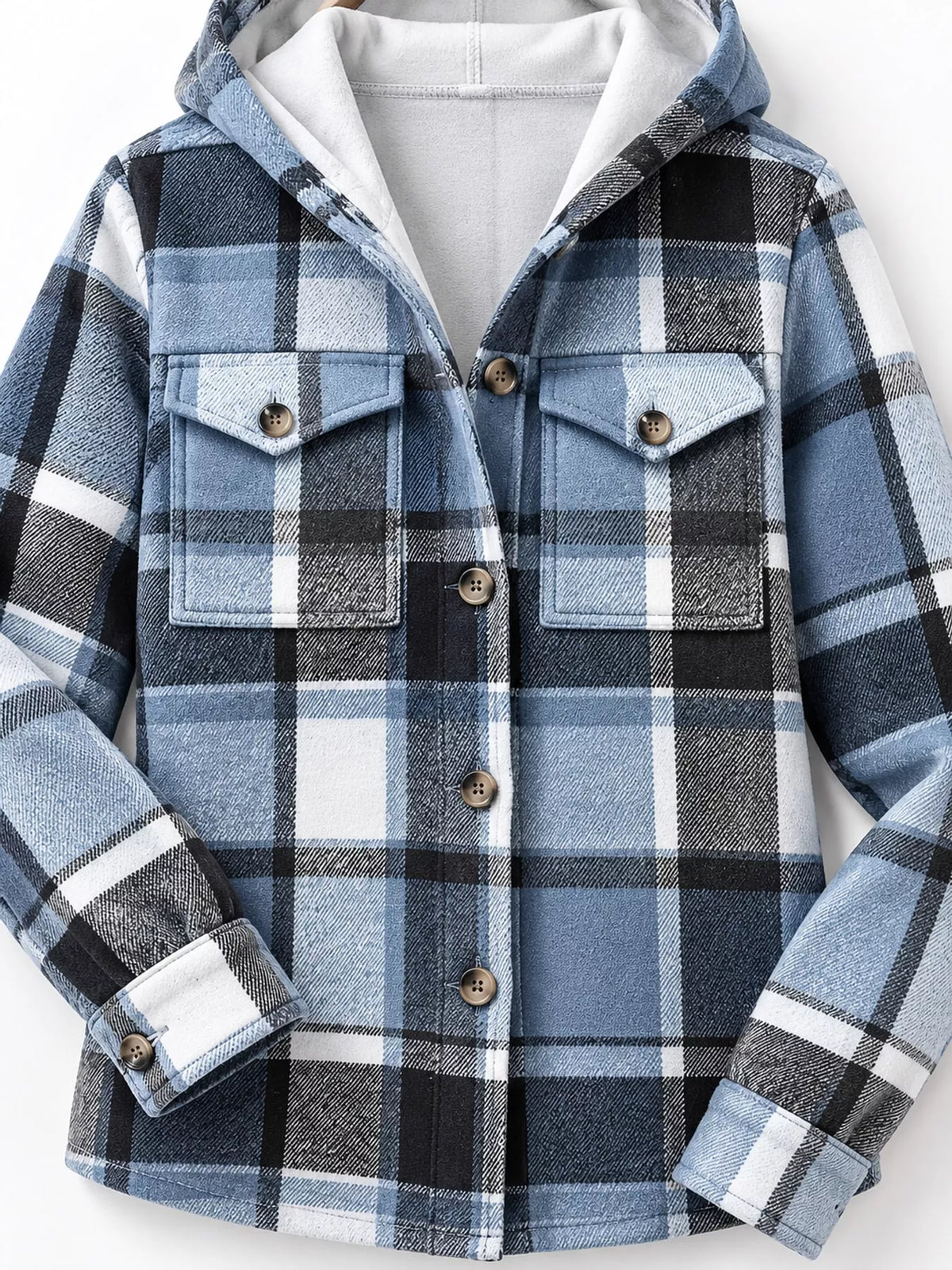 Blue fleece-lined plaid button-up shacket, button front, hood, and chest pockets