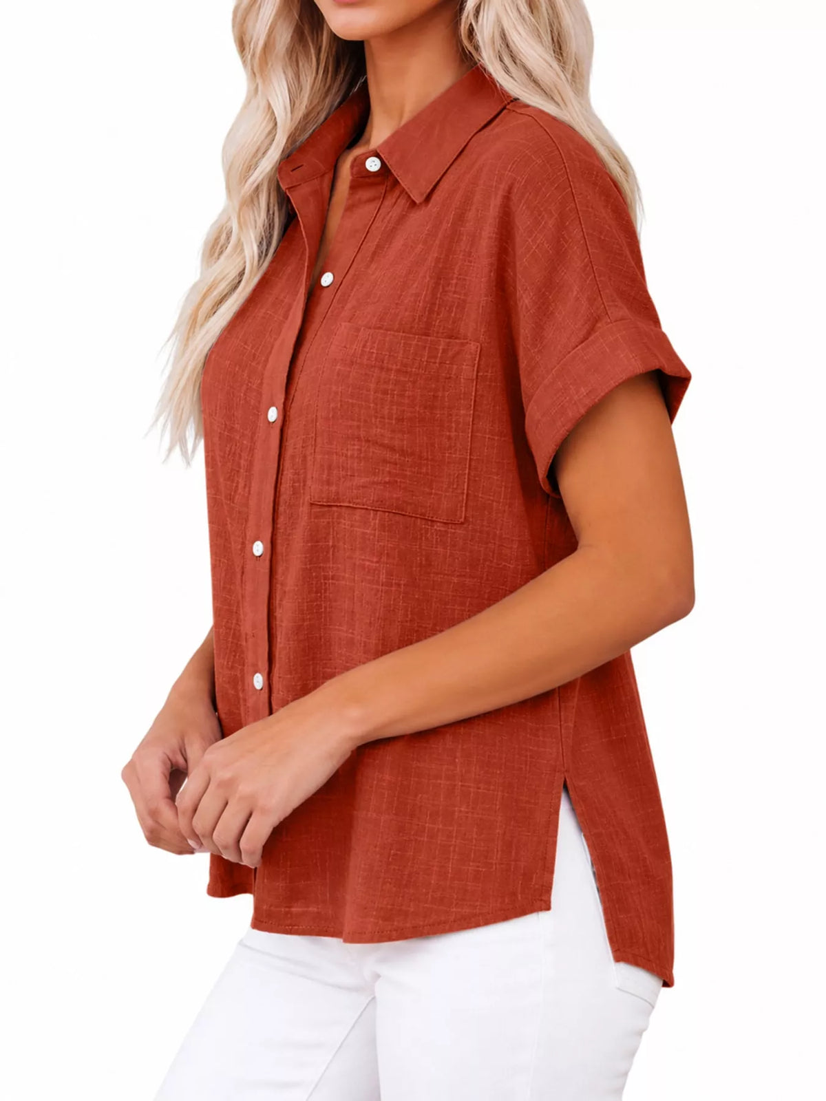 Women's Button Up Short Sleeve Shirt in rust — side view