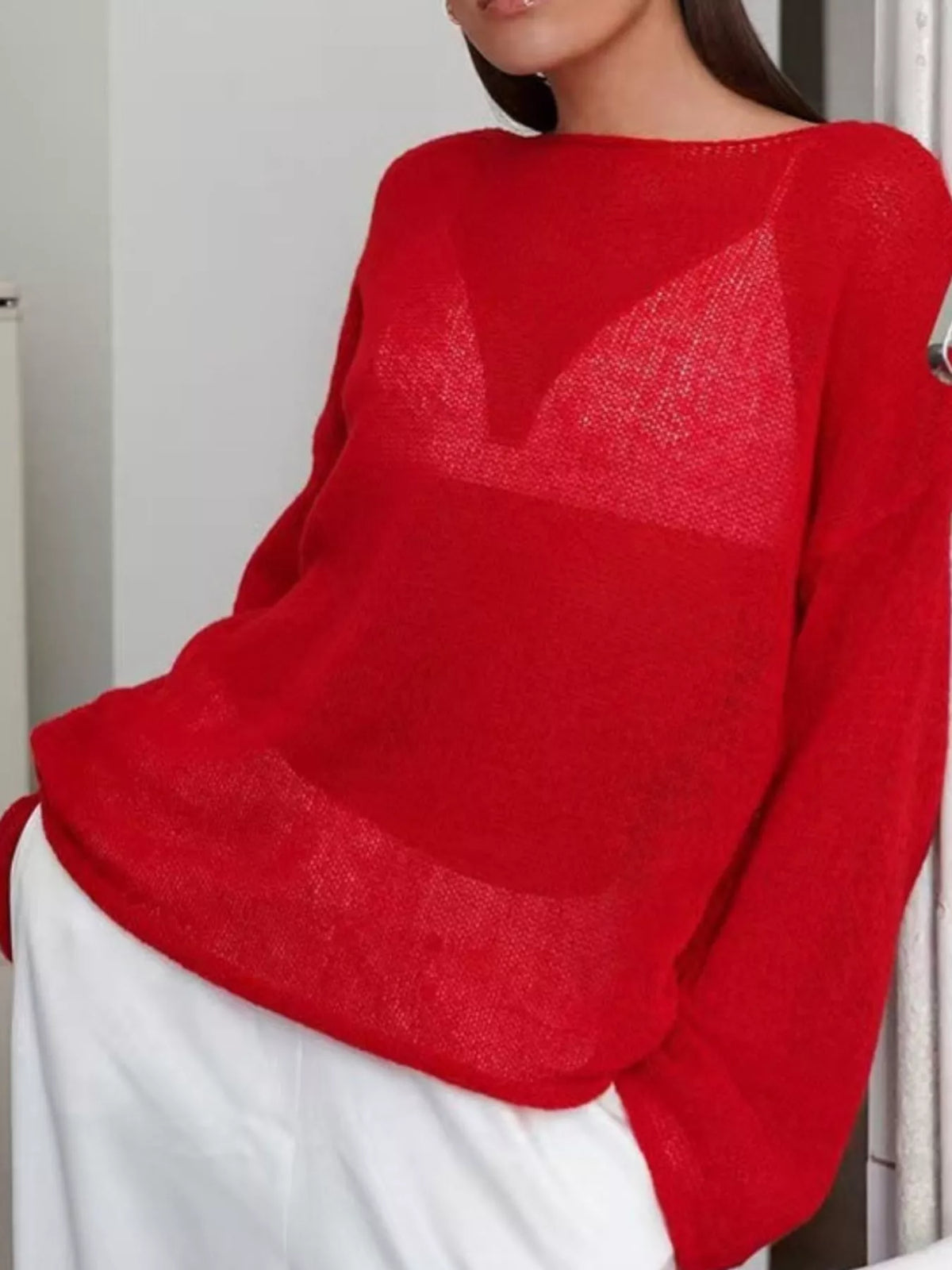 Red sheer openwork knit long sleeve top