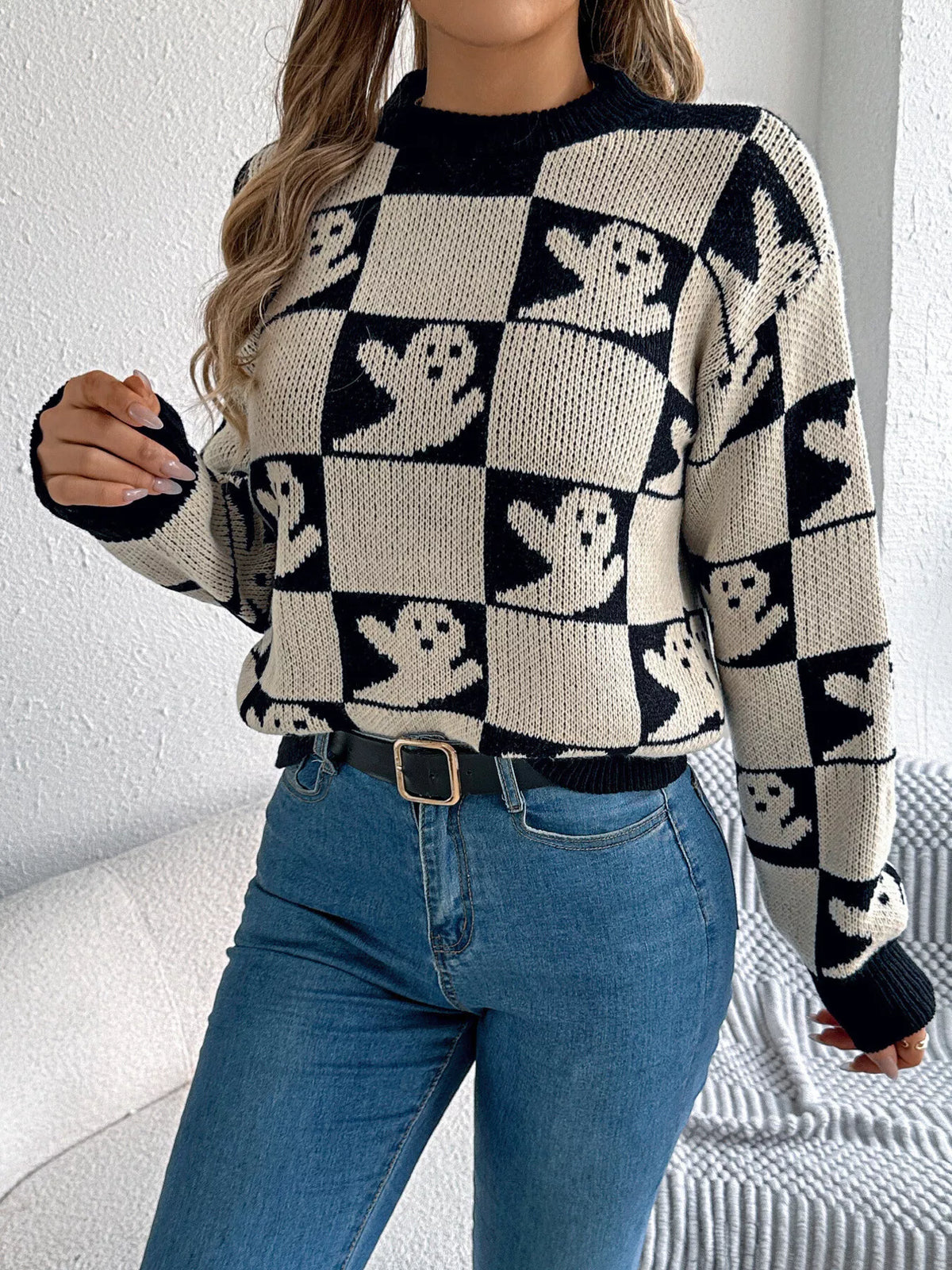 Checkerboard Halloween Graphic Sweater in black ghost, front view