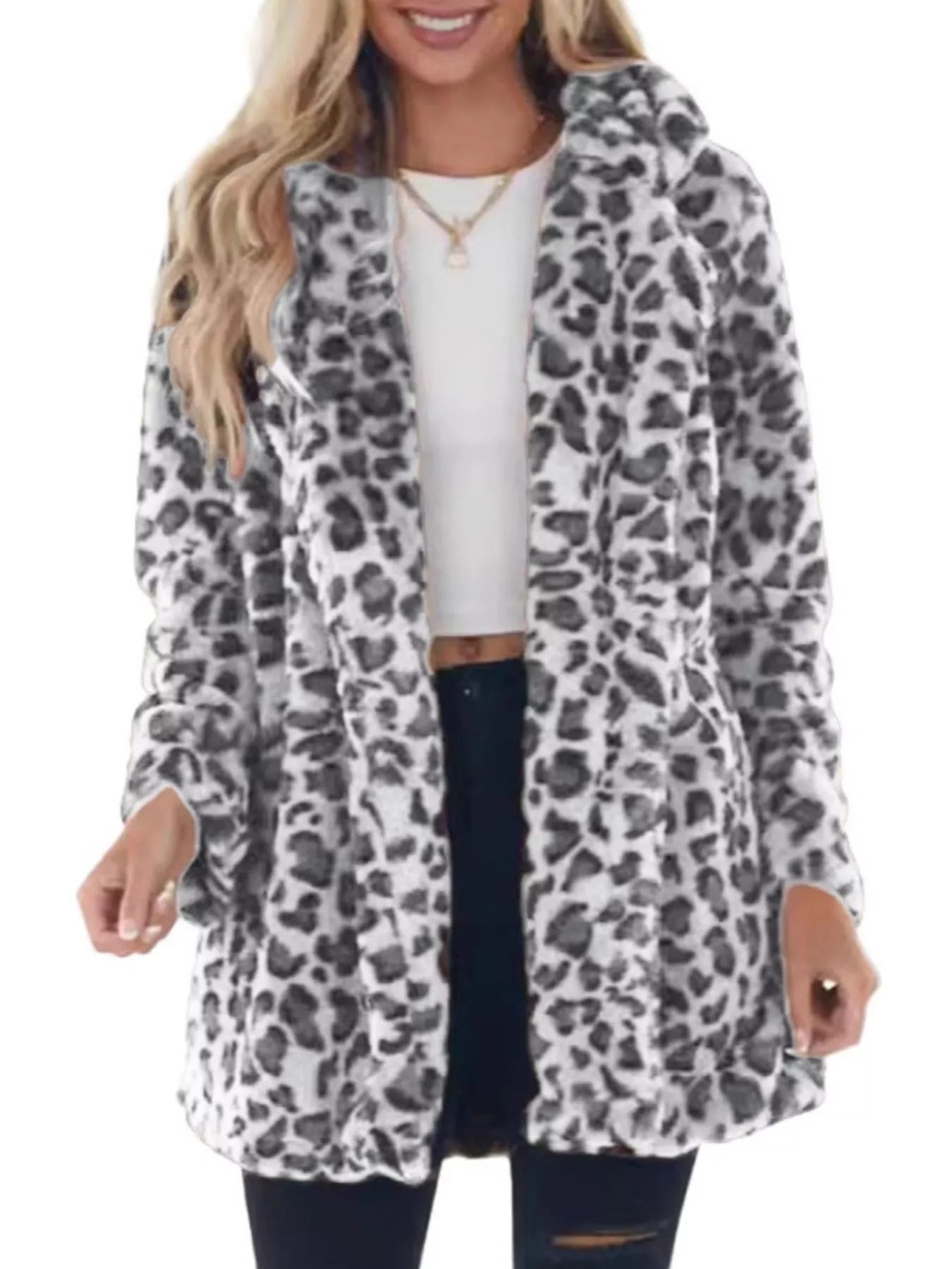 Trendsi Full Size Leopard Faux Fur Open Front Outerwear Plus Size -