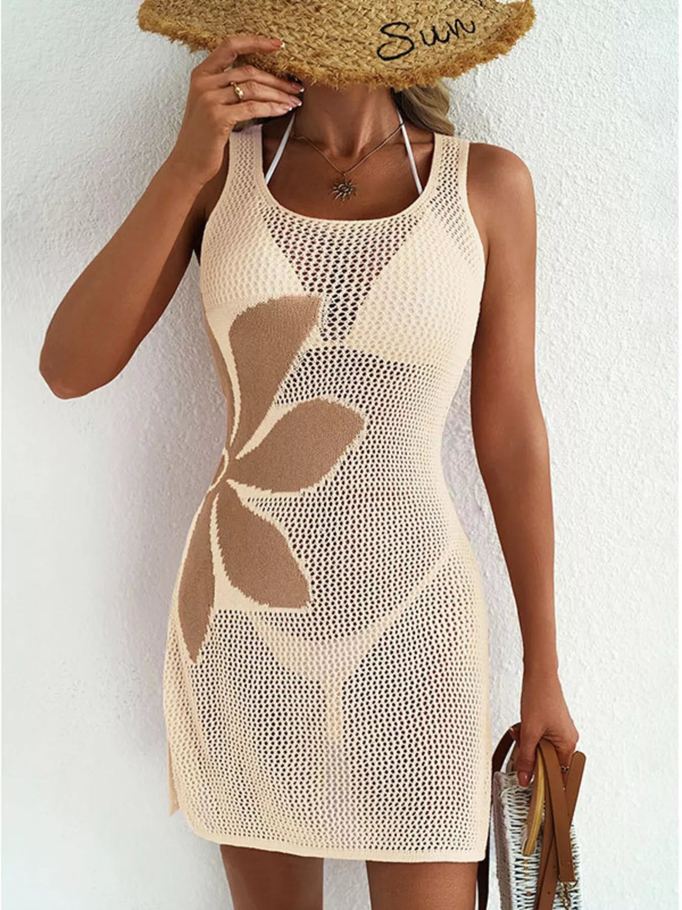 Trendsi Side Slit Flower Crochet Knit Cover Up Dress -