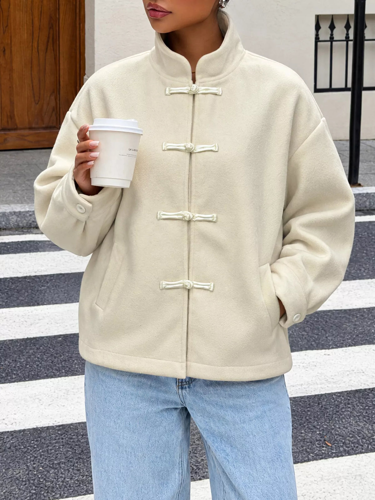 Frog Button Dropped Shoulder Jacket — front view