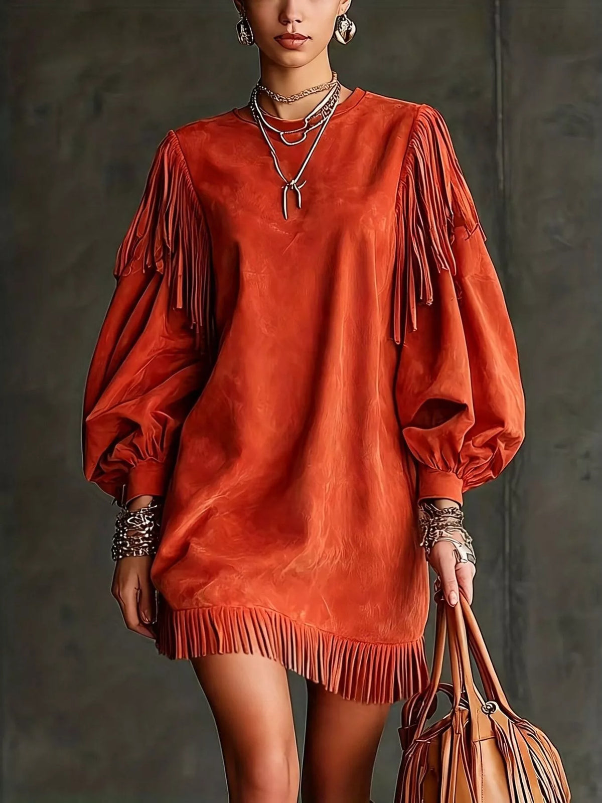 Round neck long sleeve mini dress, front view on model