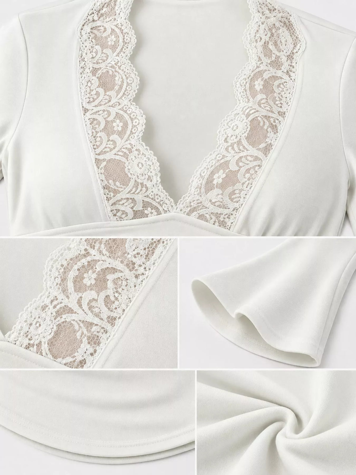 White lace trim v-neck long sleeve slim fit t-shirt