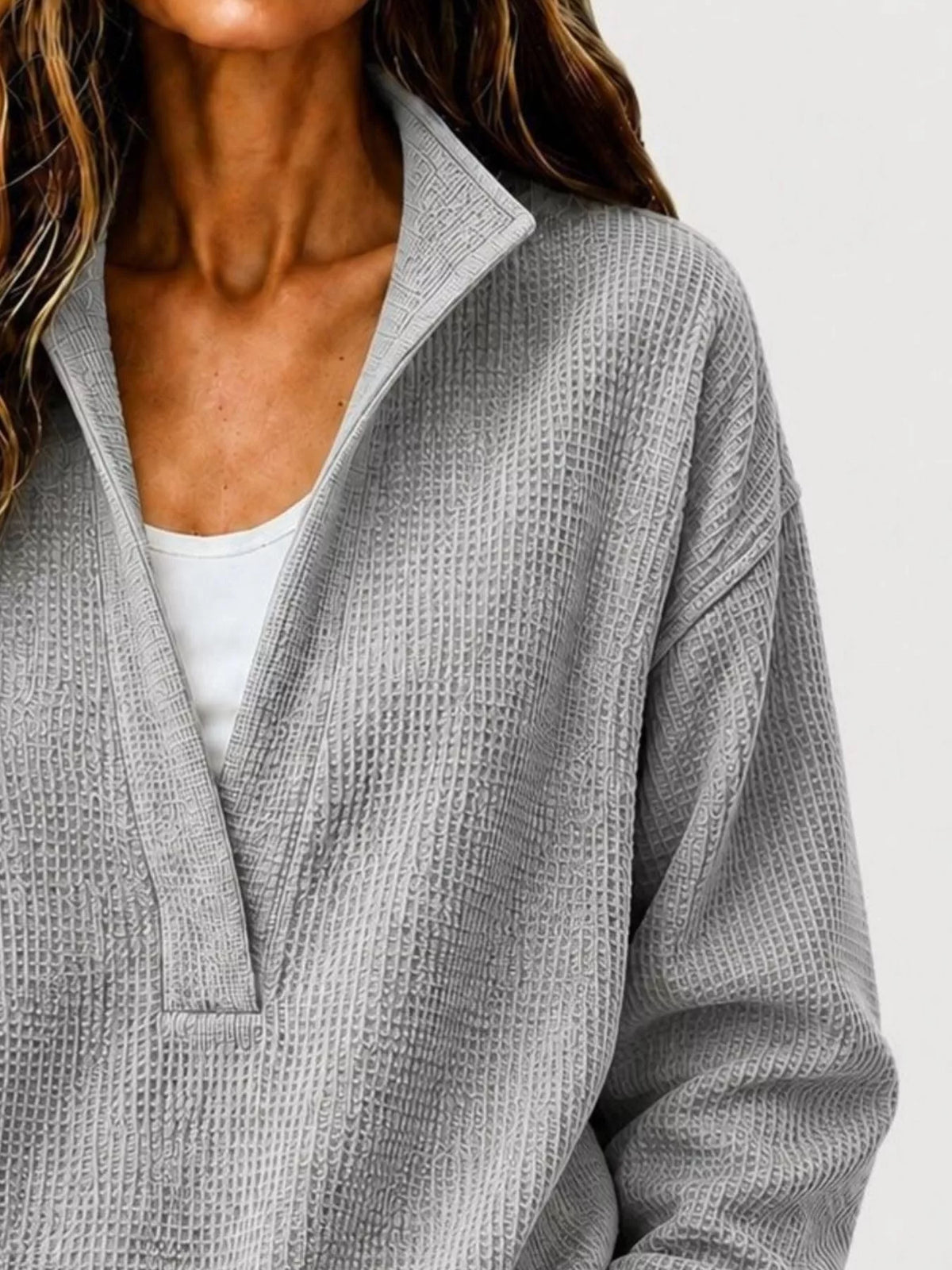 Gray Waffle Knit Dropped Shoulder Sweatshirt back view