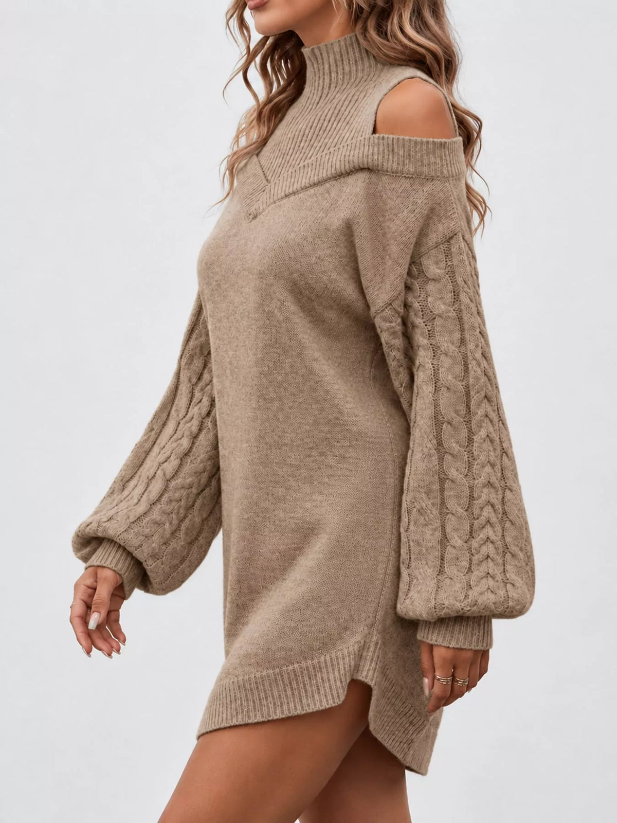 Beige cold shoulder cable knit mock neck sweater dress, side view