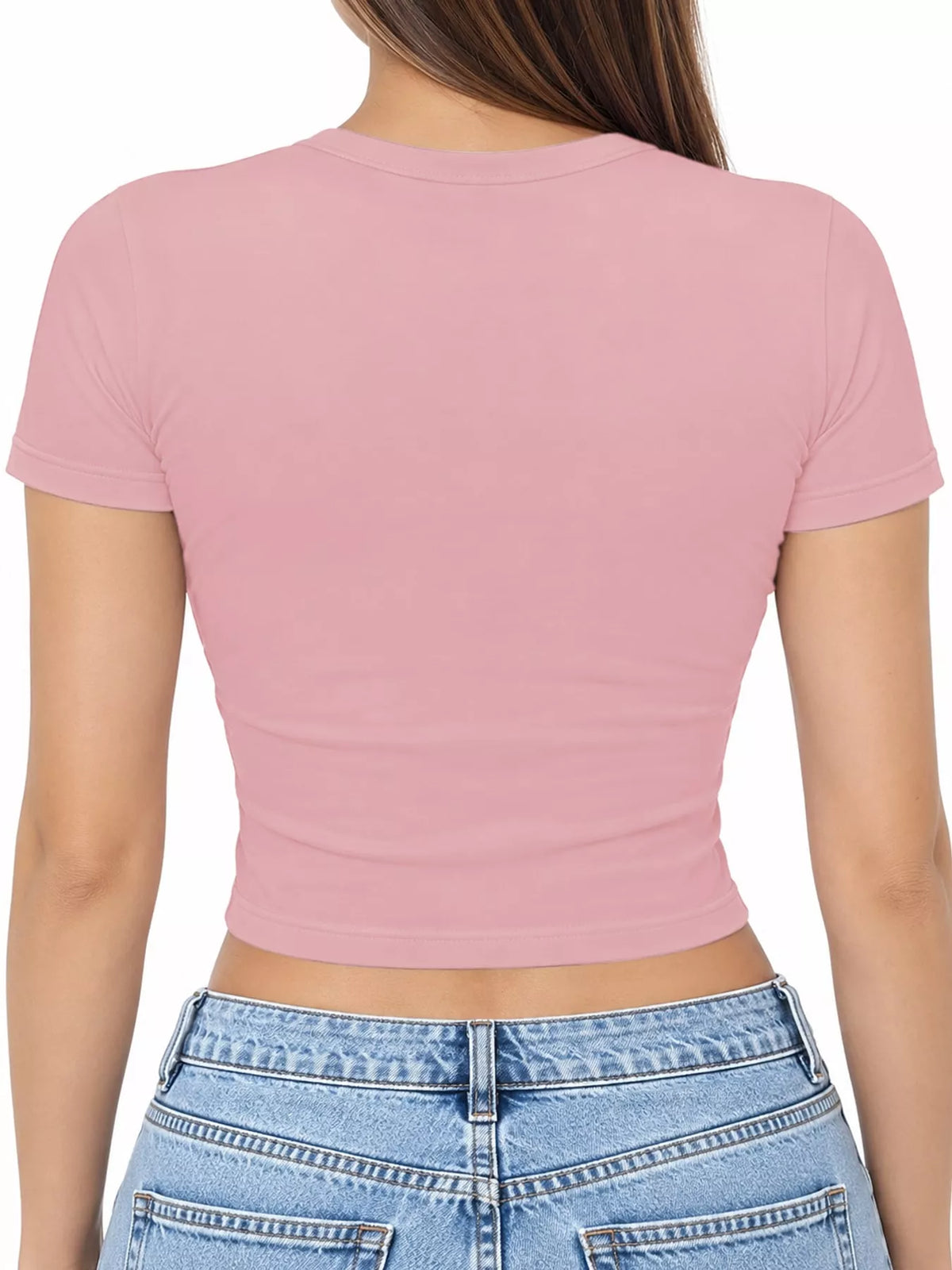 Pink crew neck crop T-shirt, back view