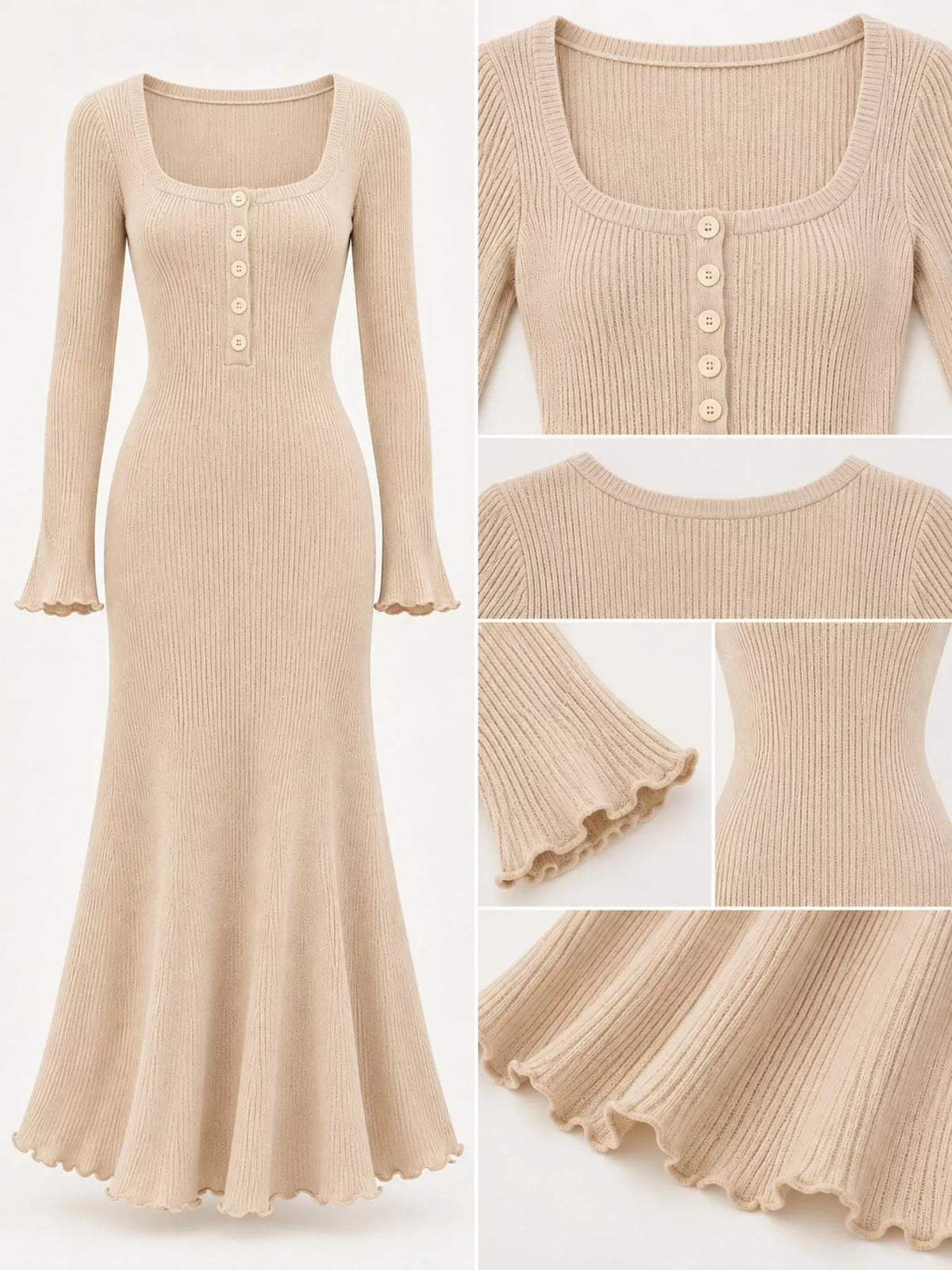 Ribbed maxi dress, beige detail collage