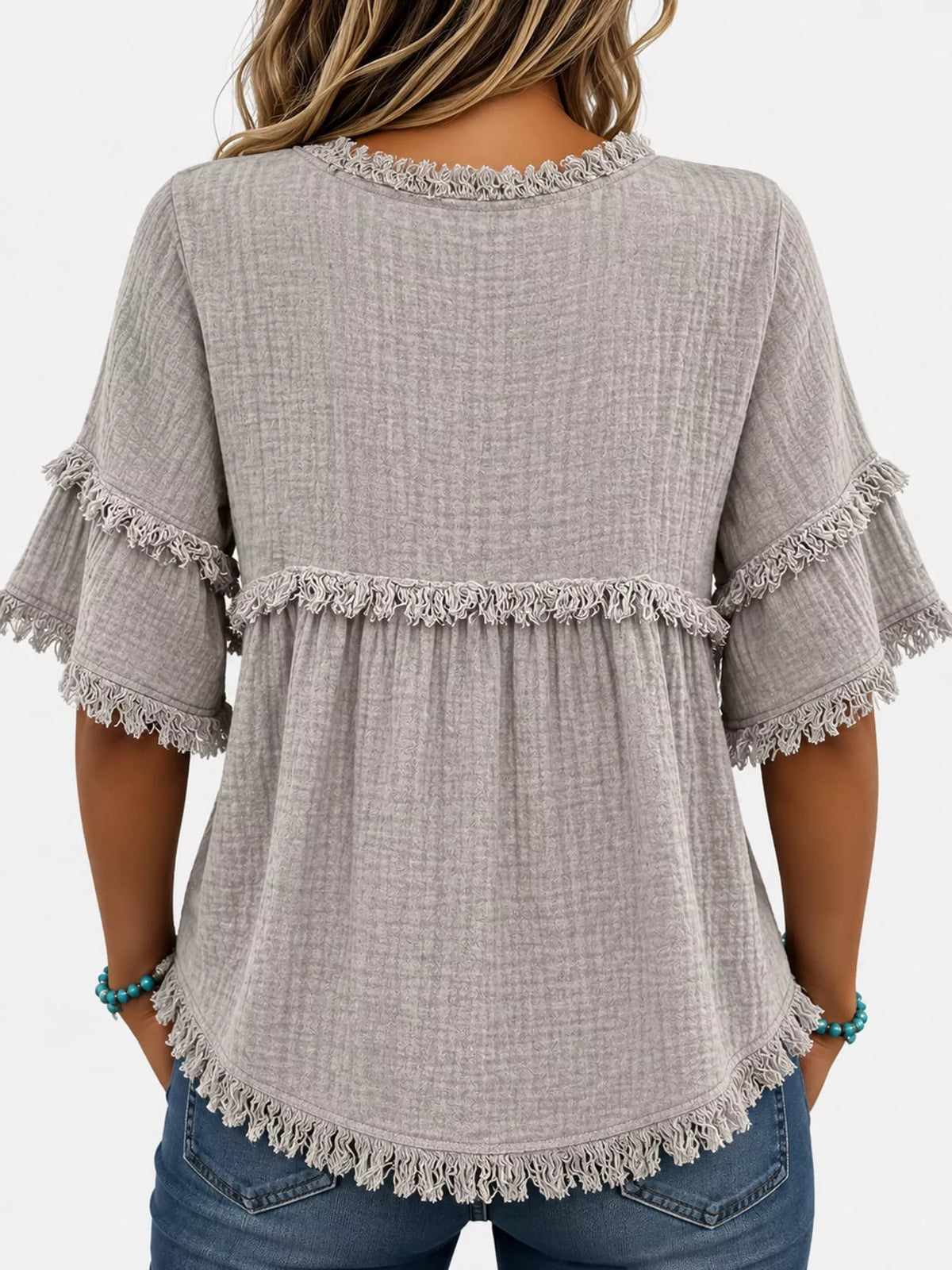 Gray frayed edge textured blouse, back view