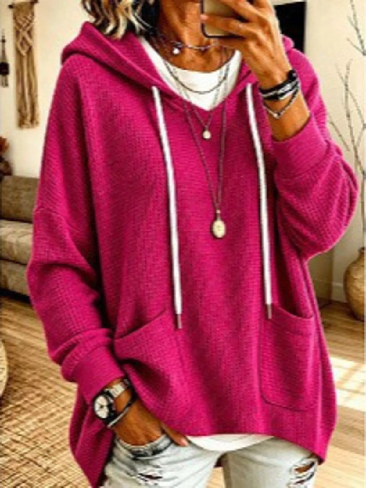 Trendsi Full Size Waffle Knit Hoodie with Pockets Plus Size -