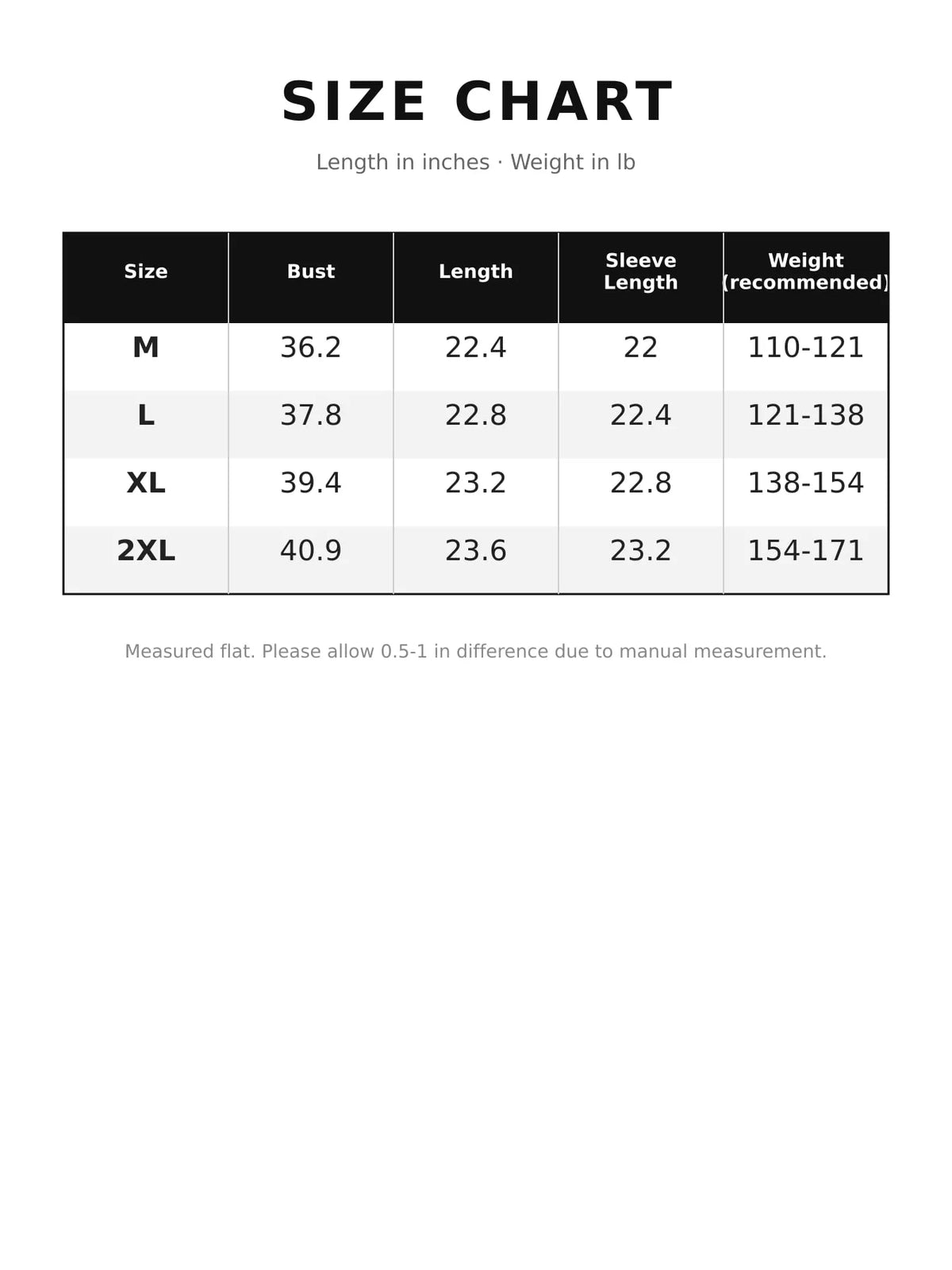 Size chart for v-neck long sleeve knit top
