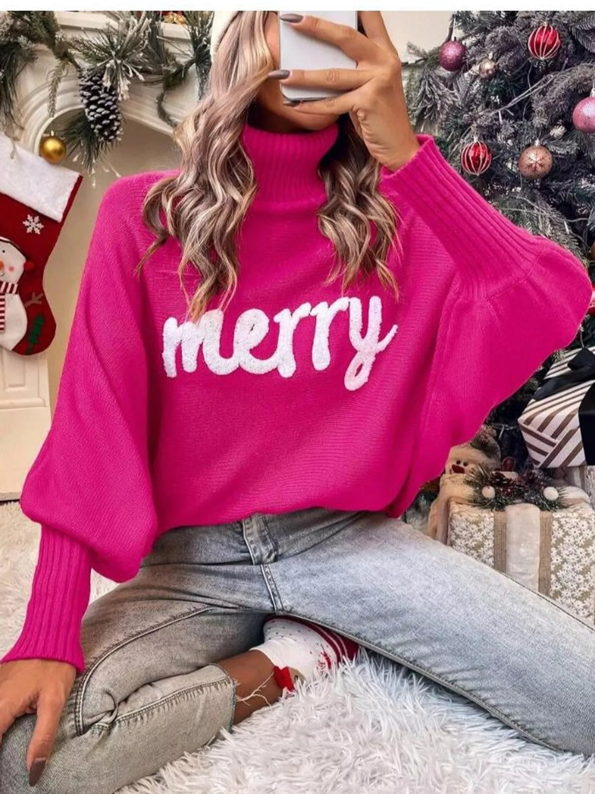 Hot Pink lettering turtleneck sweater