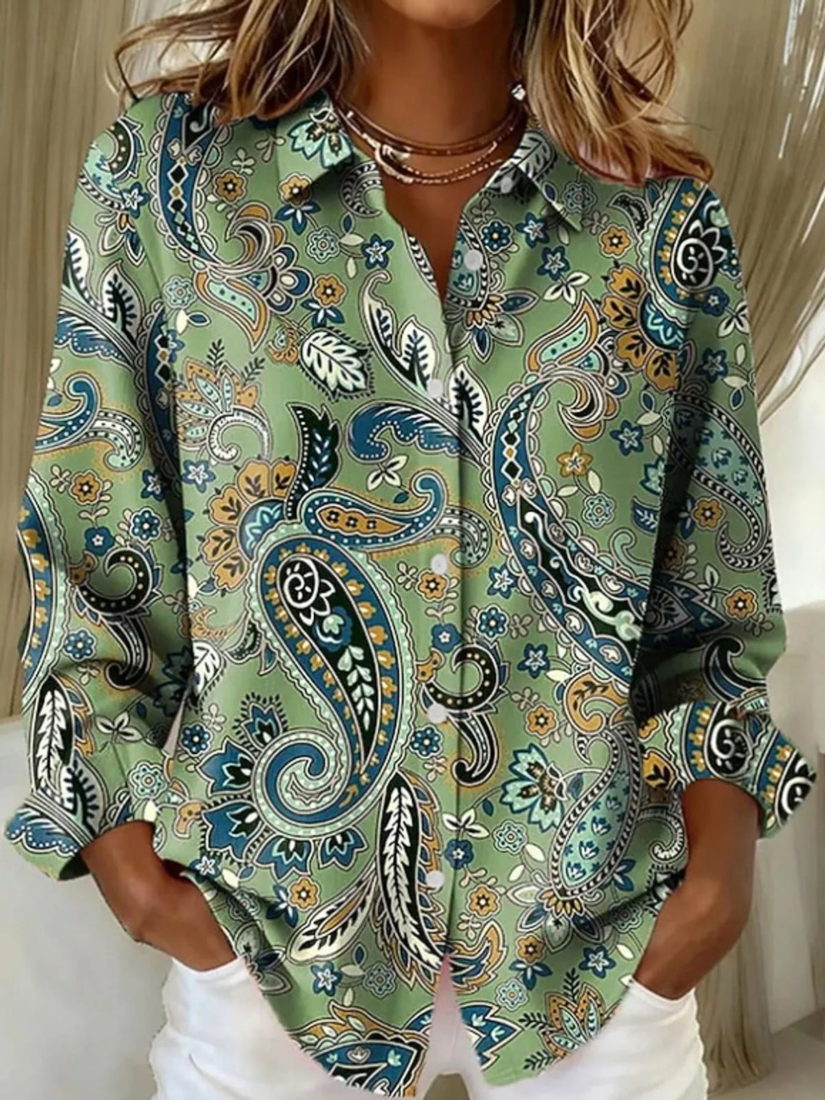 Green paisley long sleeve shirt