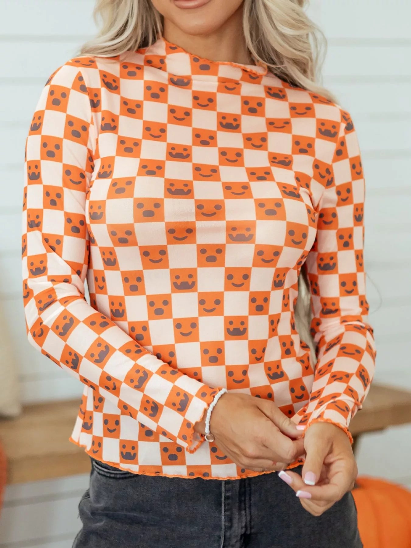 Trendsi Abstract Halloween Pattern Long Sleeve Mock Neck Blouse -