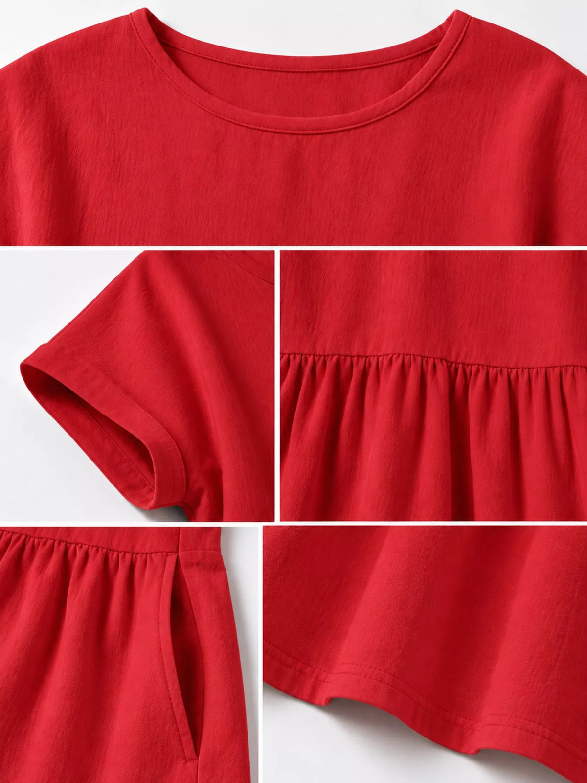 Round neck short sleeve midi dress, construction and design details
