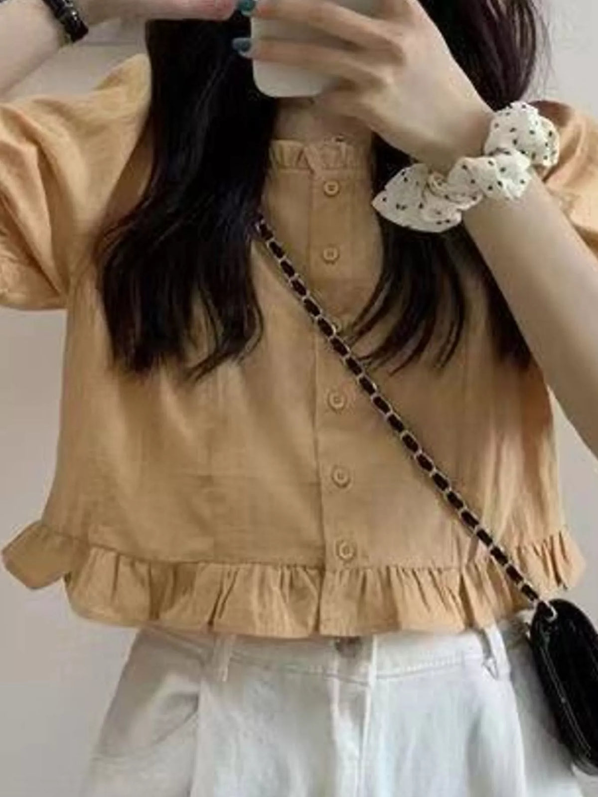 Ruffled Hem Button-Down Shirt — front view