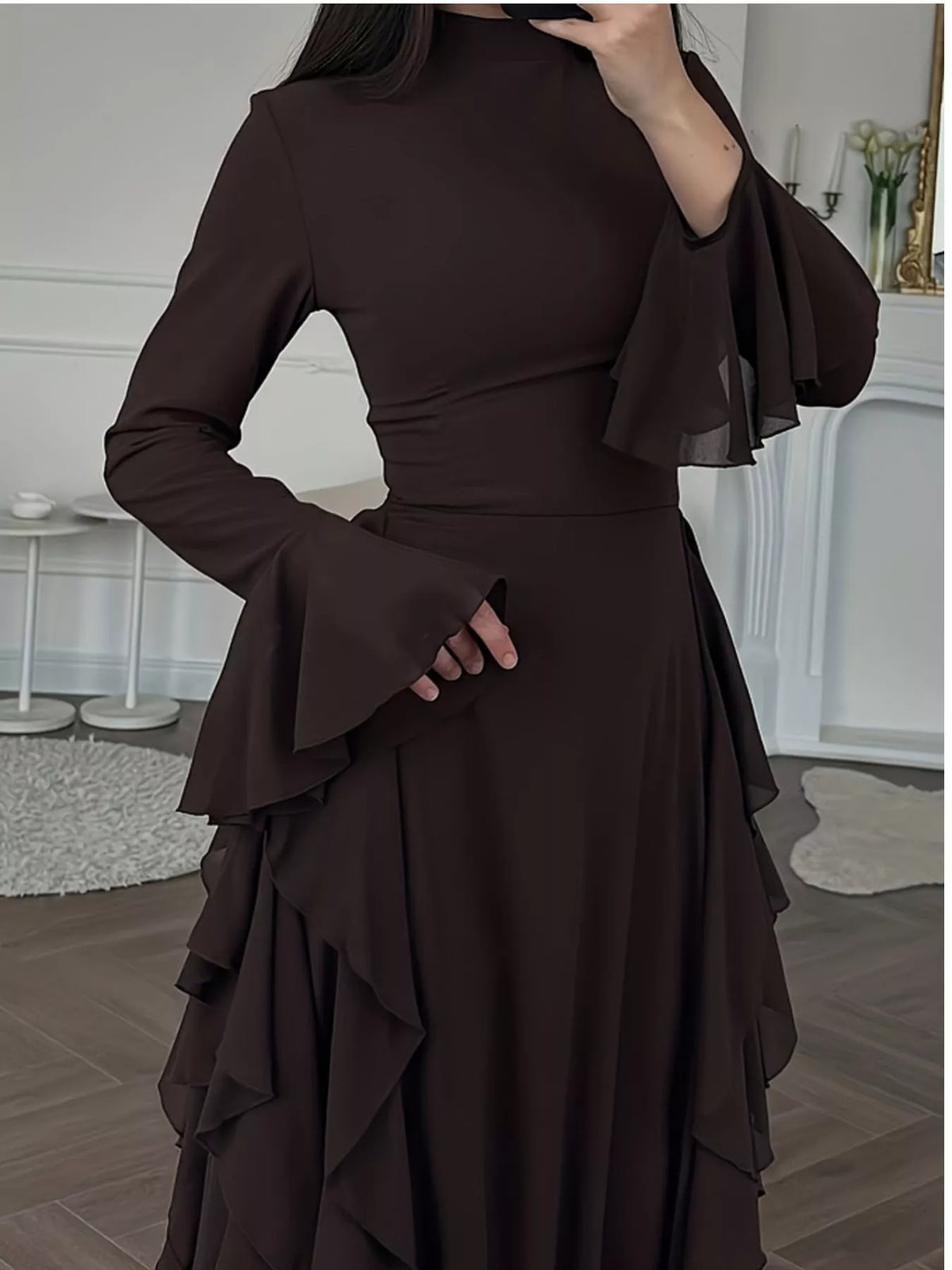 Mock neck long sleeve maxi dress, construction and design details