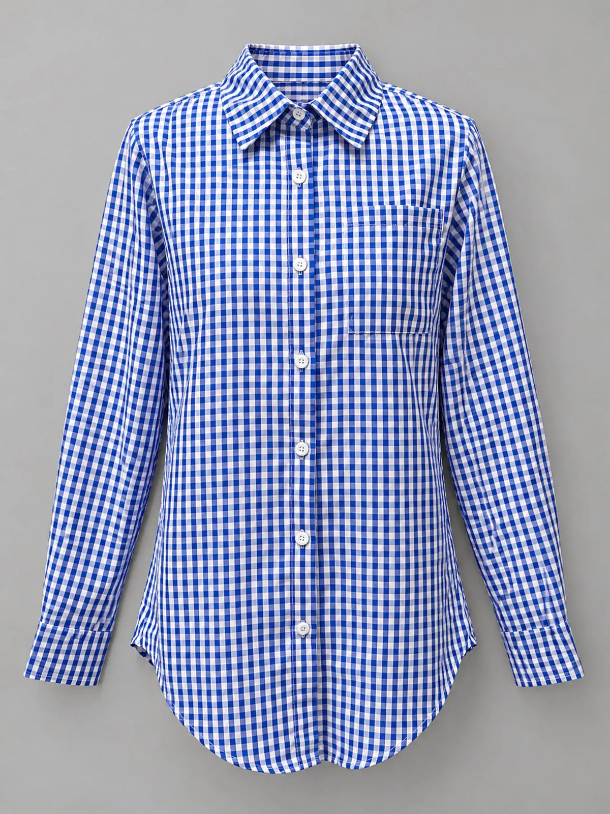 Navy and white plaid button-down shirt