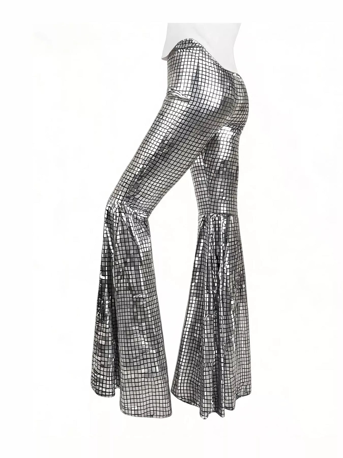 Silver high-waisted flare pants — back view