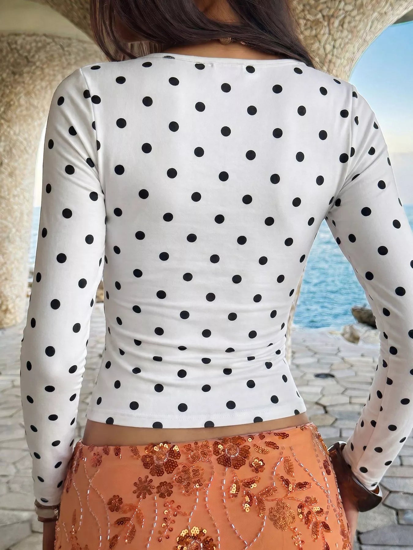Trendsi Polka Dot Square Neck Long Sleeve T-Shirt -