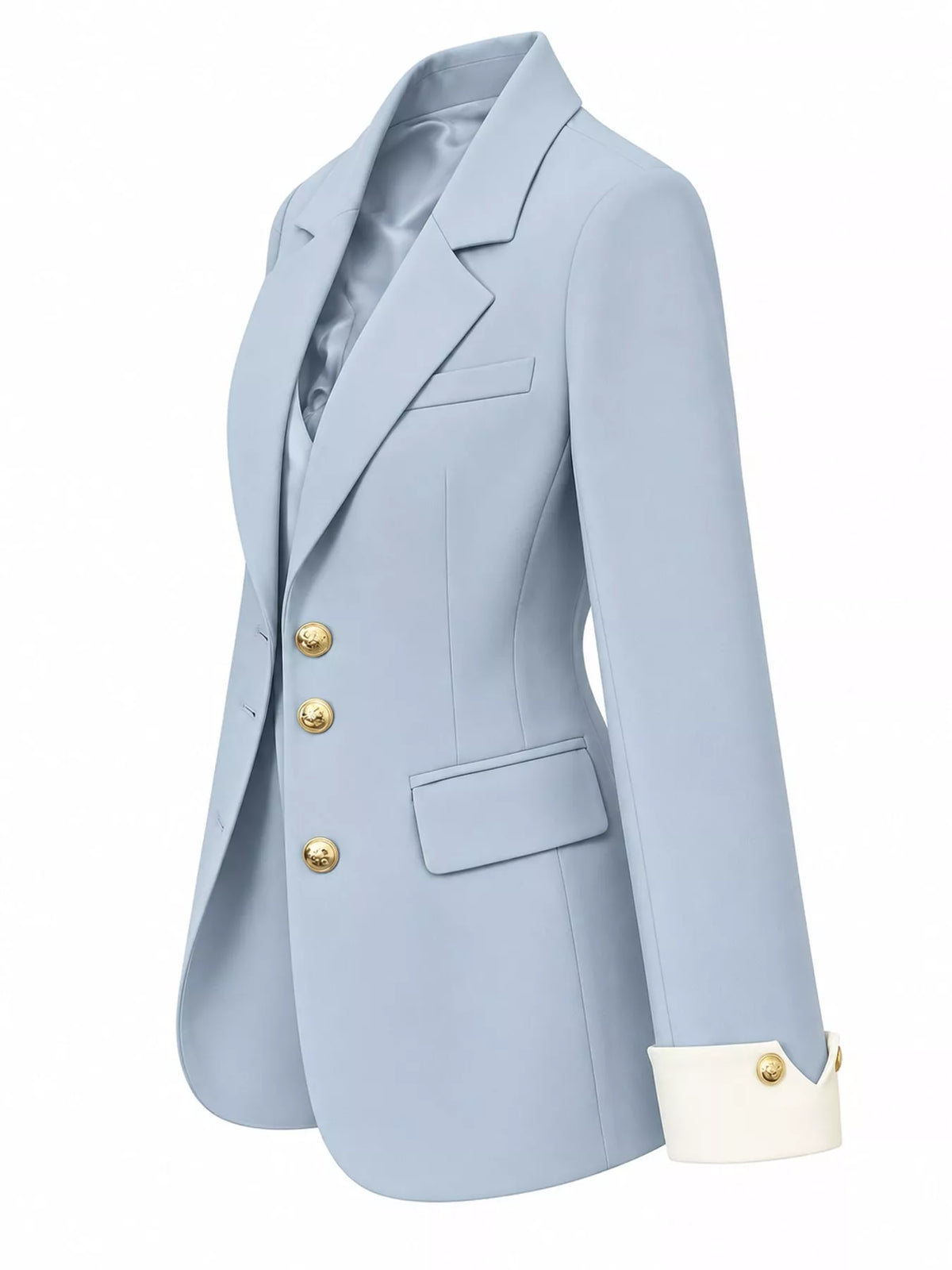 Blue single-breasted blazer with gold-tone buttons, side view