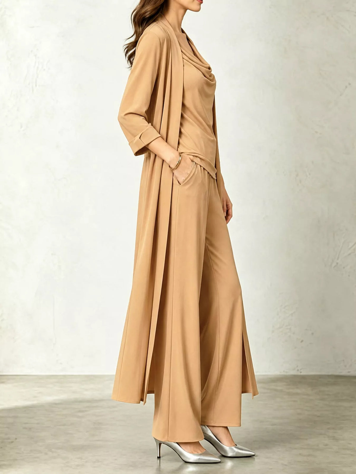 Tan cowl neck top, cardigan and pants set, side view