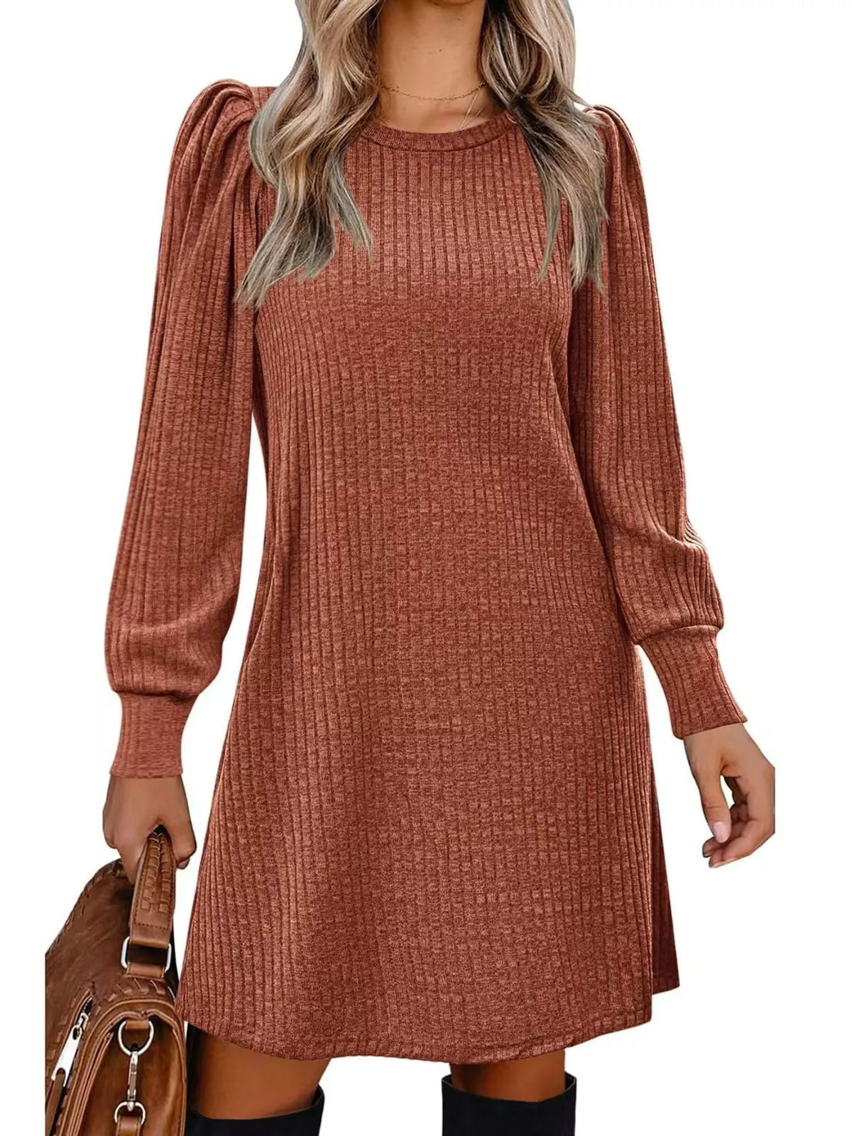 Ribbed puff-sleeve dress, rust front