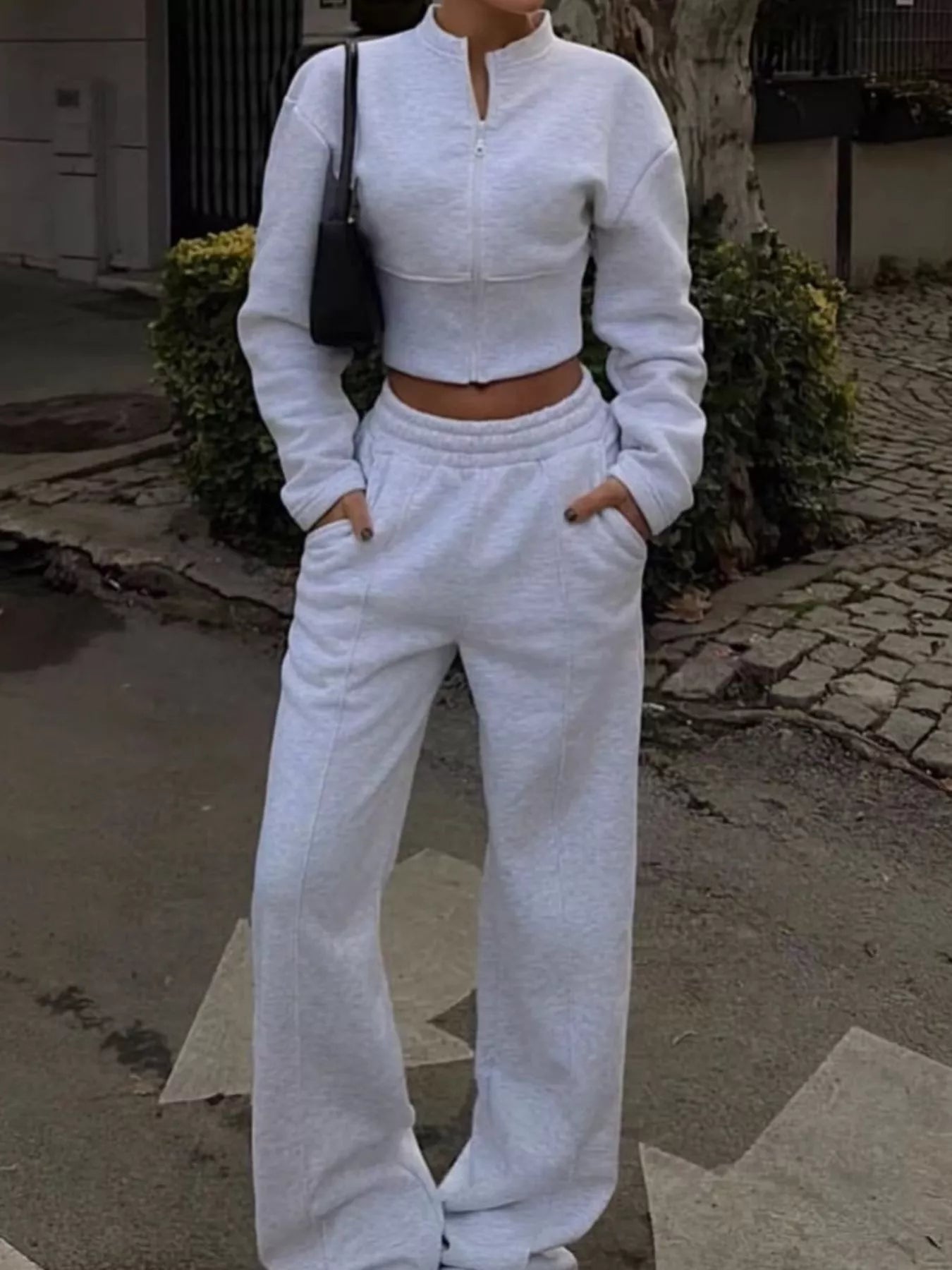 Trendsi Zip-Up Crop Jacket and Wide-Leg Pants Set -