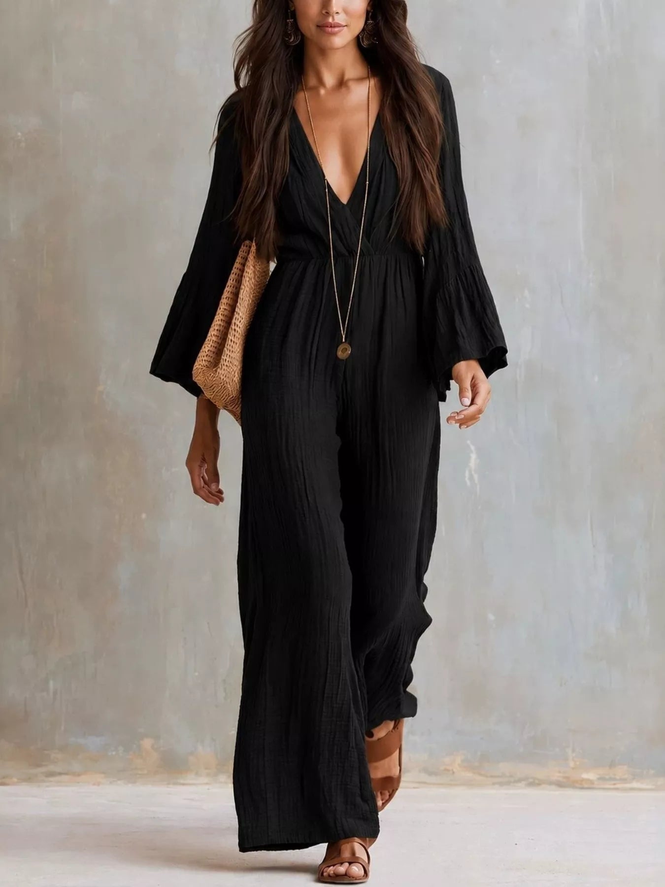 Trendsi Textured Flare Sleeve Jumpsuit -
