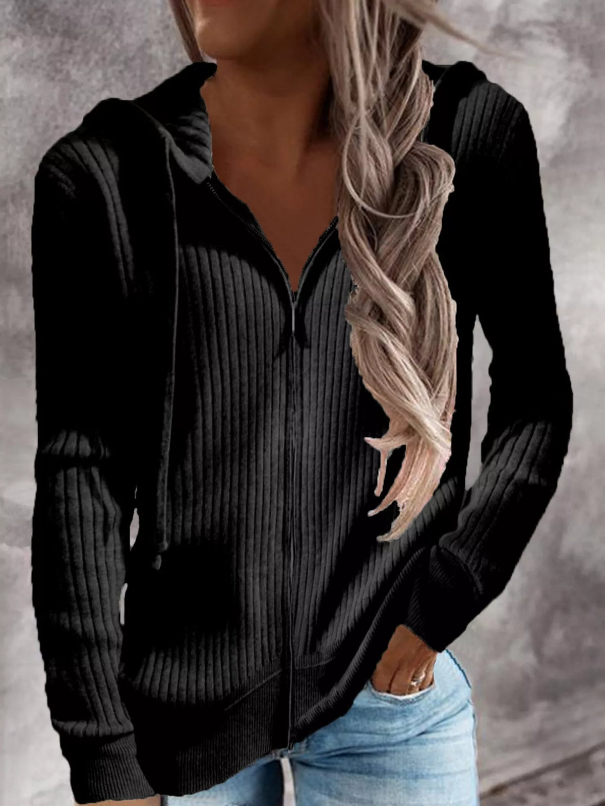 Black Ribbed Knit Zip-Up Hooded Cardigan, front view