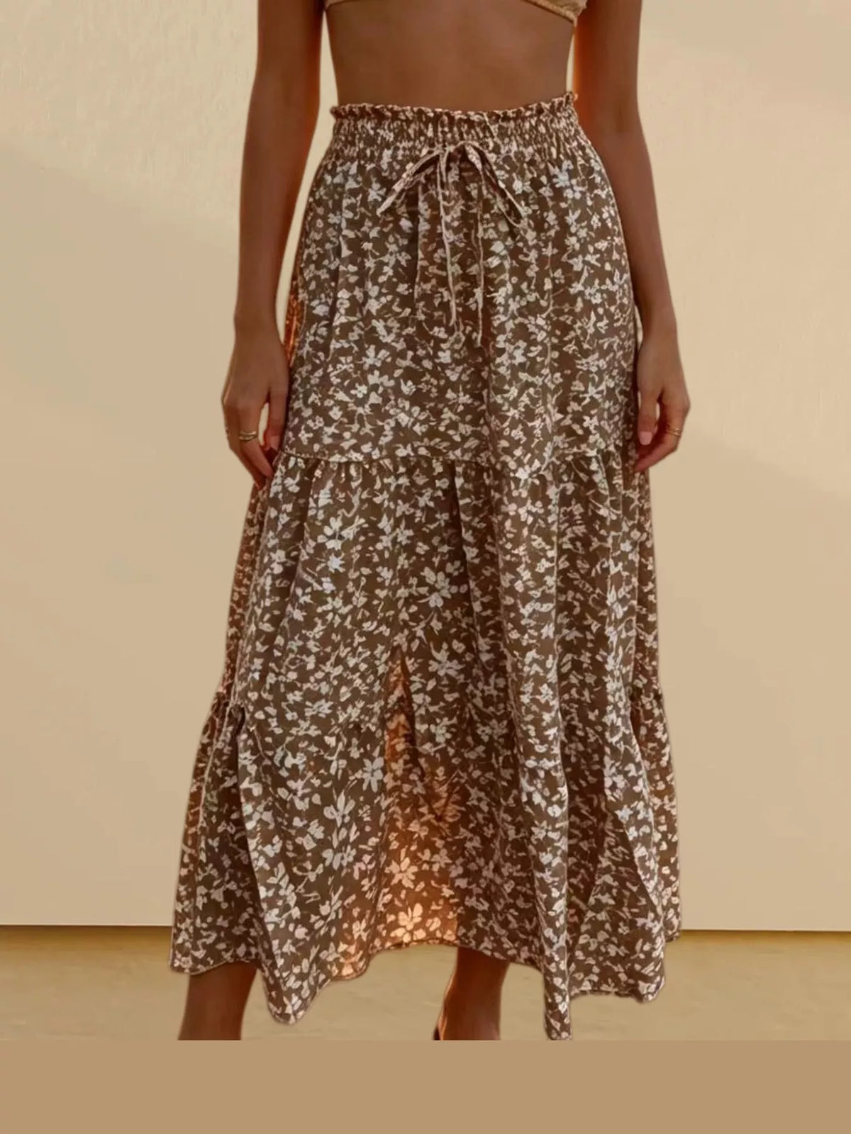 Brown floral drawstring tiered skirt — front view
