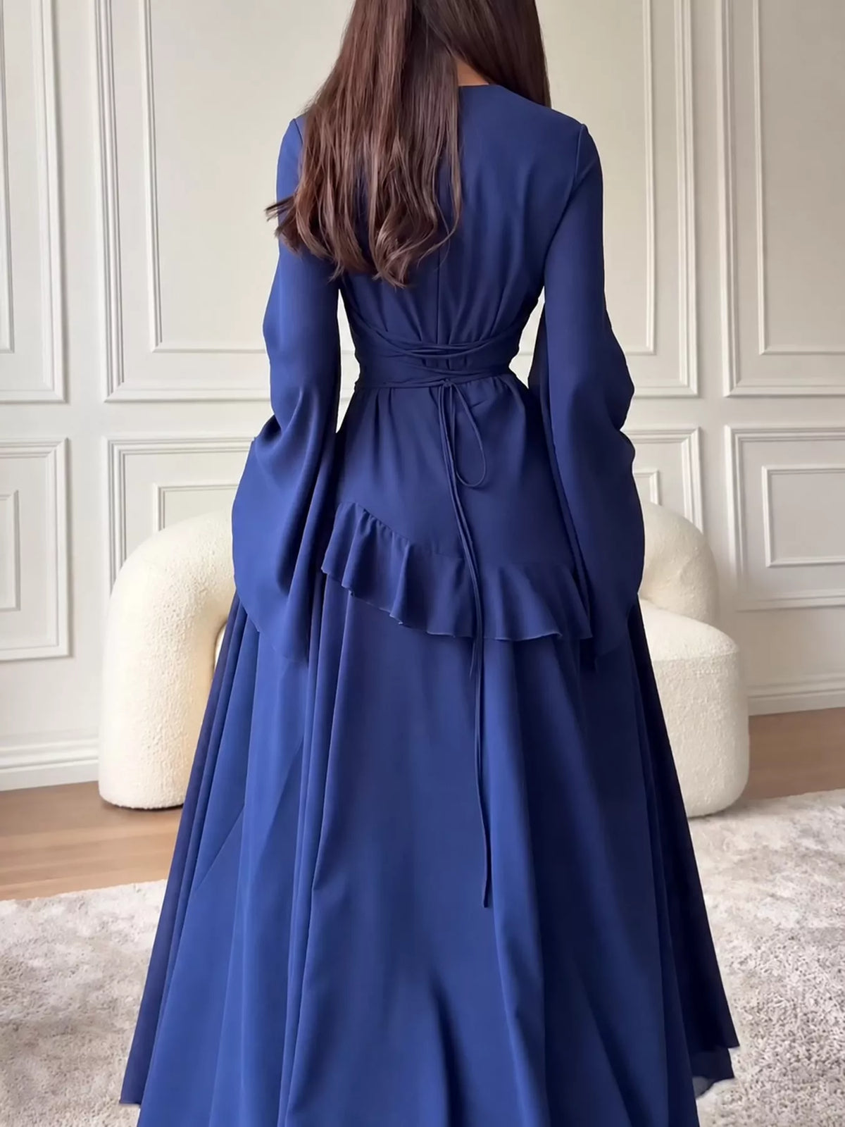 Royal blue ruffled flare sleeve maxi dress, back view