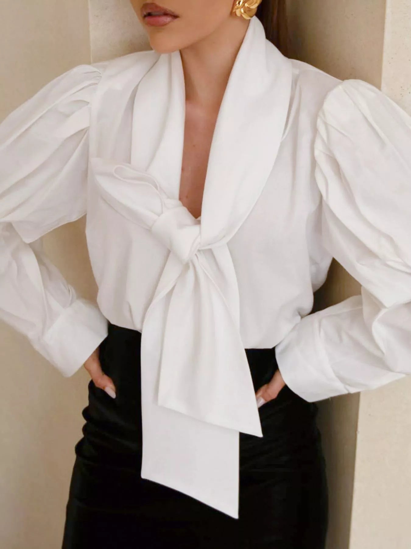 Trendsi Tie Front Puff Sleeve Shirt -