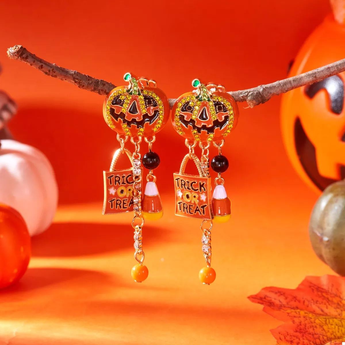 Trendsi Halloween Rhinestone Pumpkin Drop Earrings -