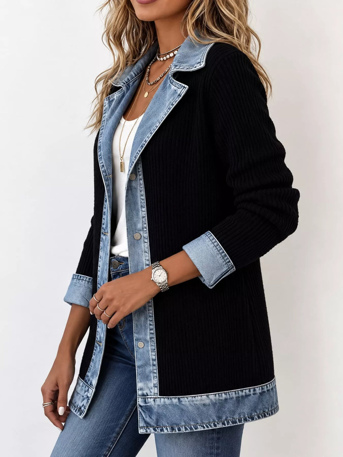 Black denim trim ribbed knit cardigan, side view