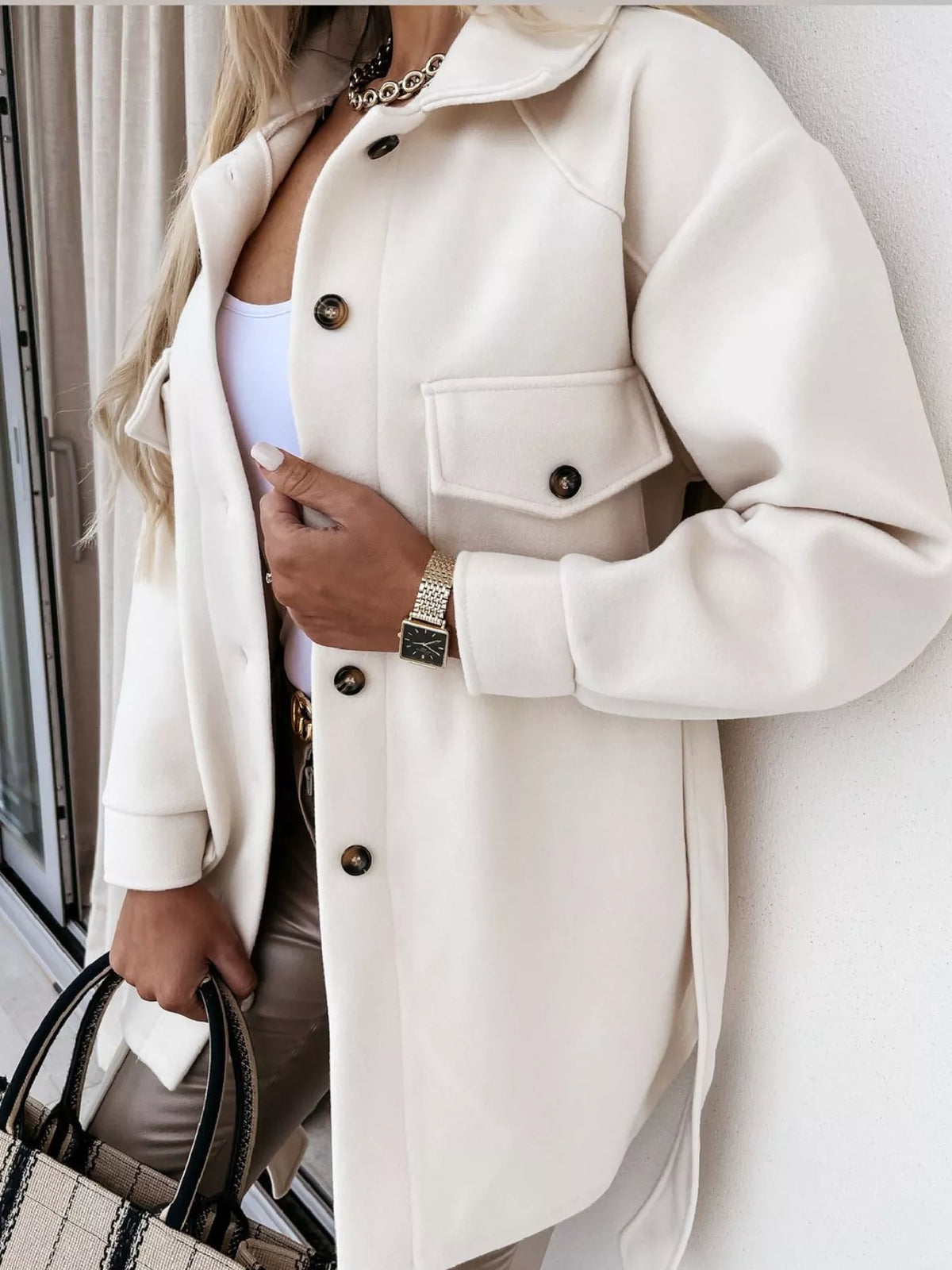 Belted Button-Down Shirt Jacket — garment construction details