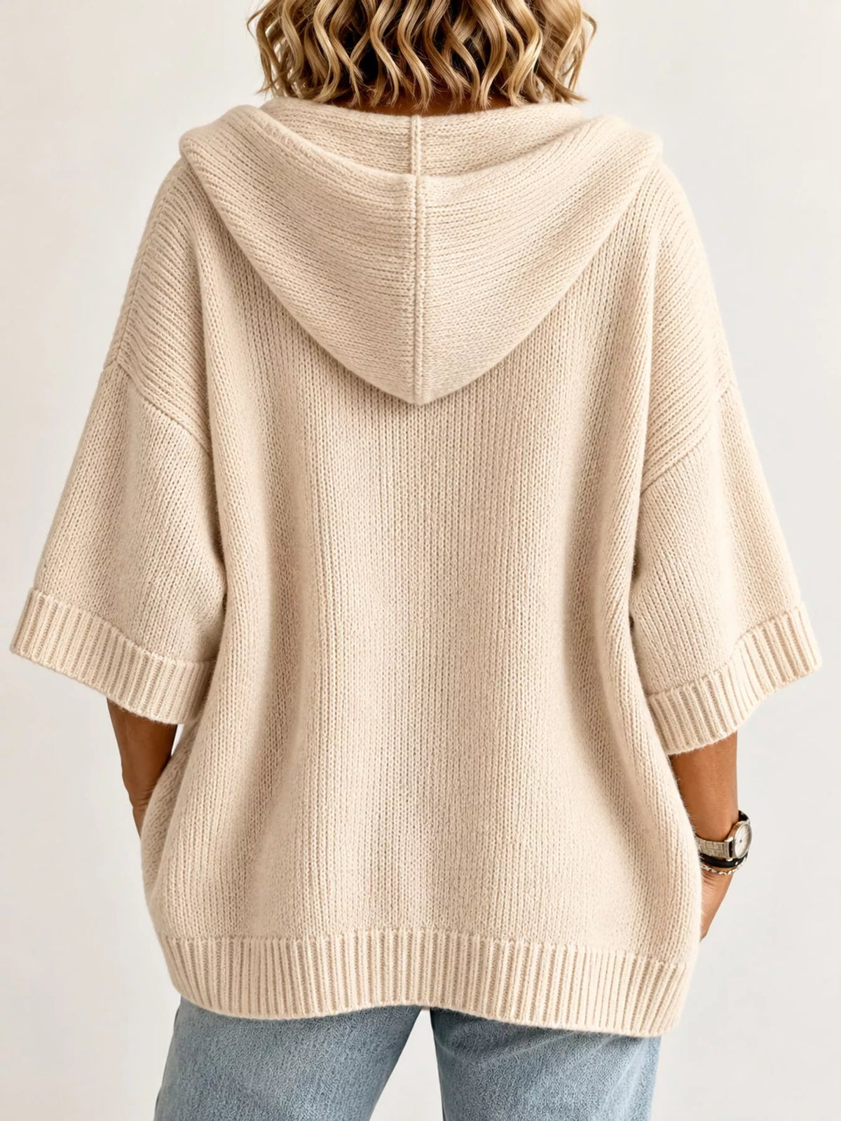 Hooded knit cardigan, beige back