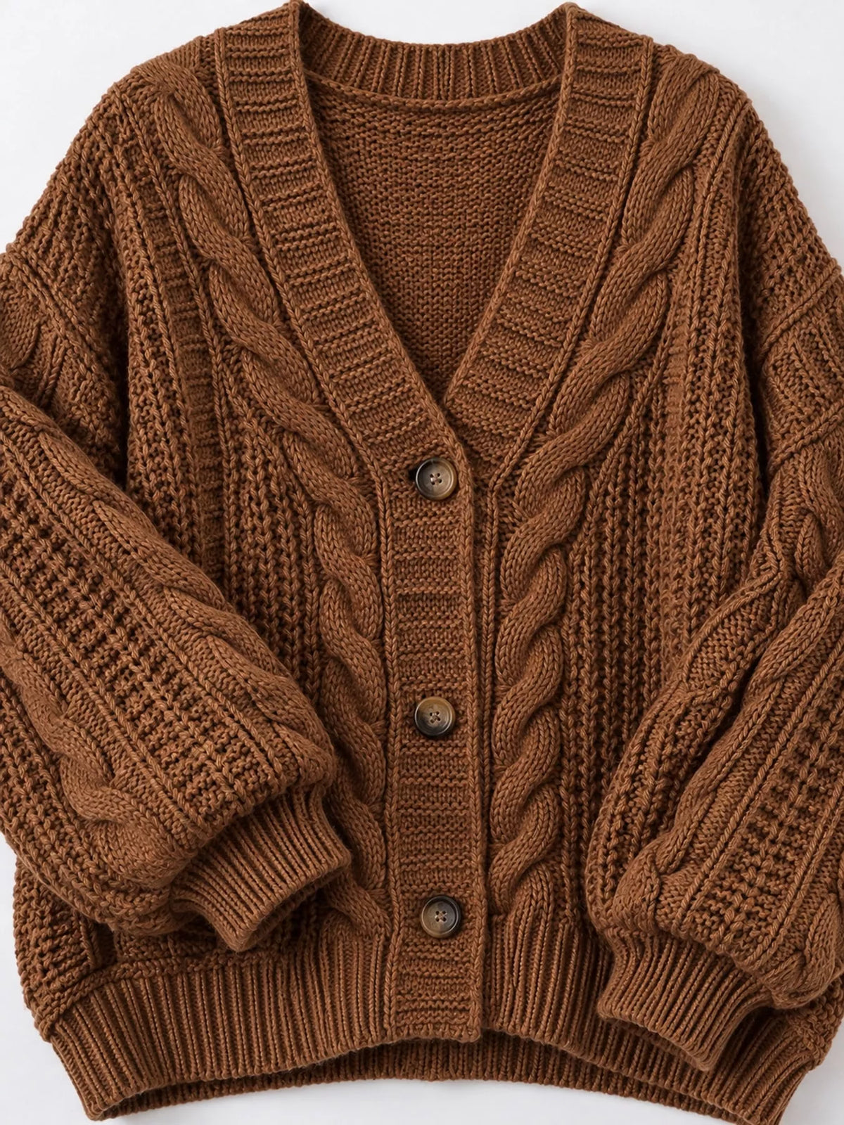 Brown cable knit button-down cardigan, cable knit front, buttons, and gathered sleeves