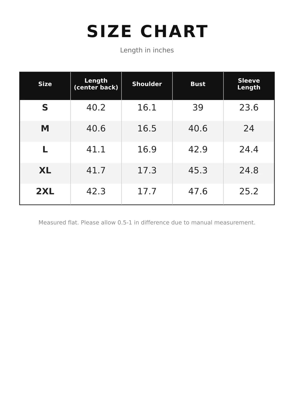 Size chart for lapel collar belted coat