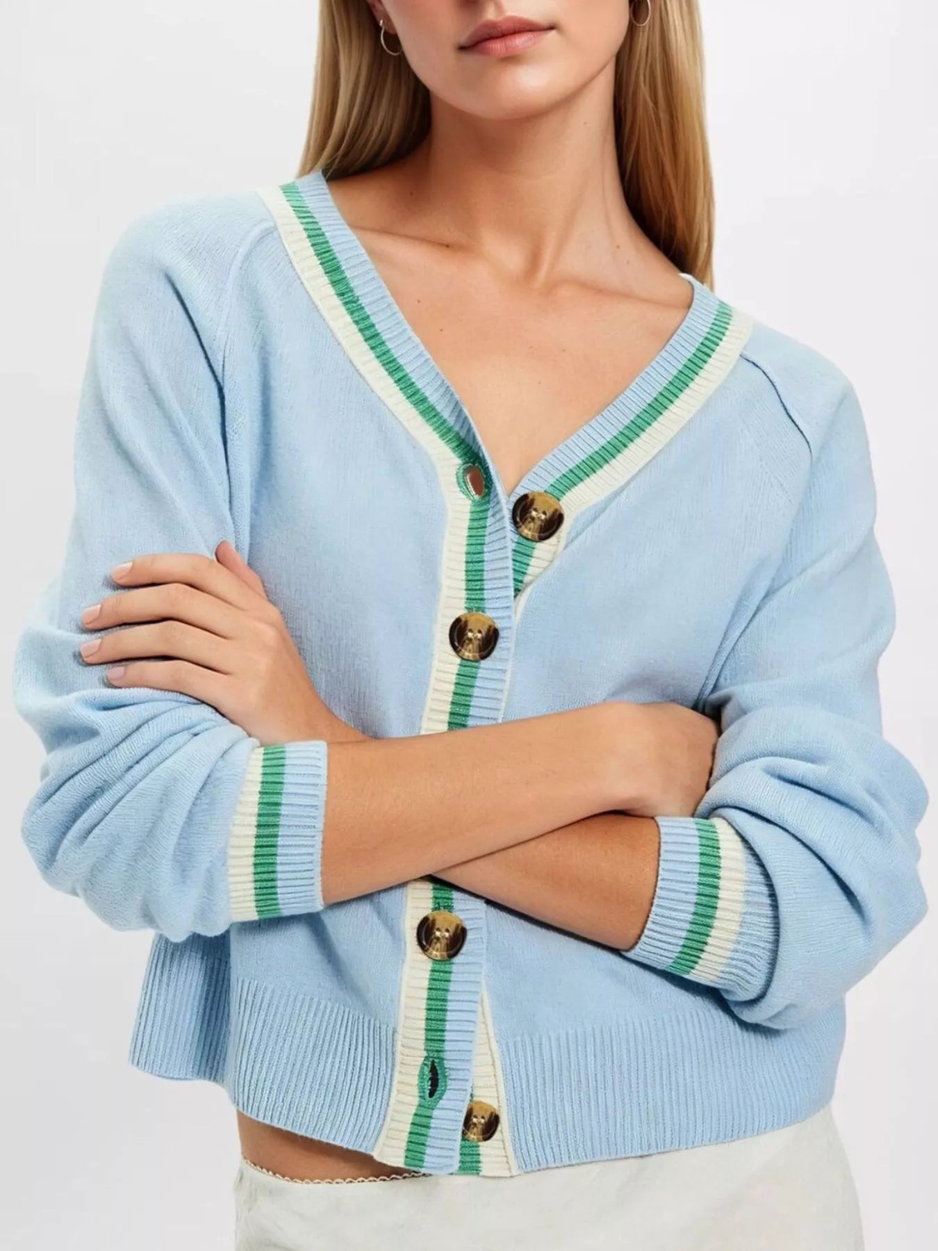 Trendsi Striped Trim Button-Down Cardigan -