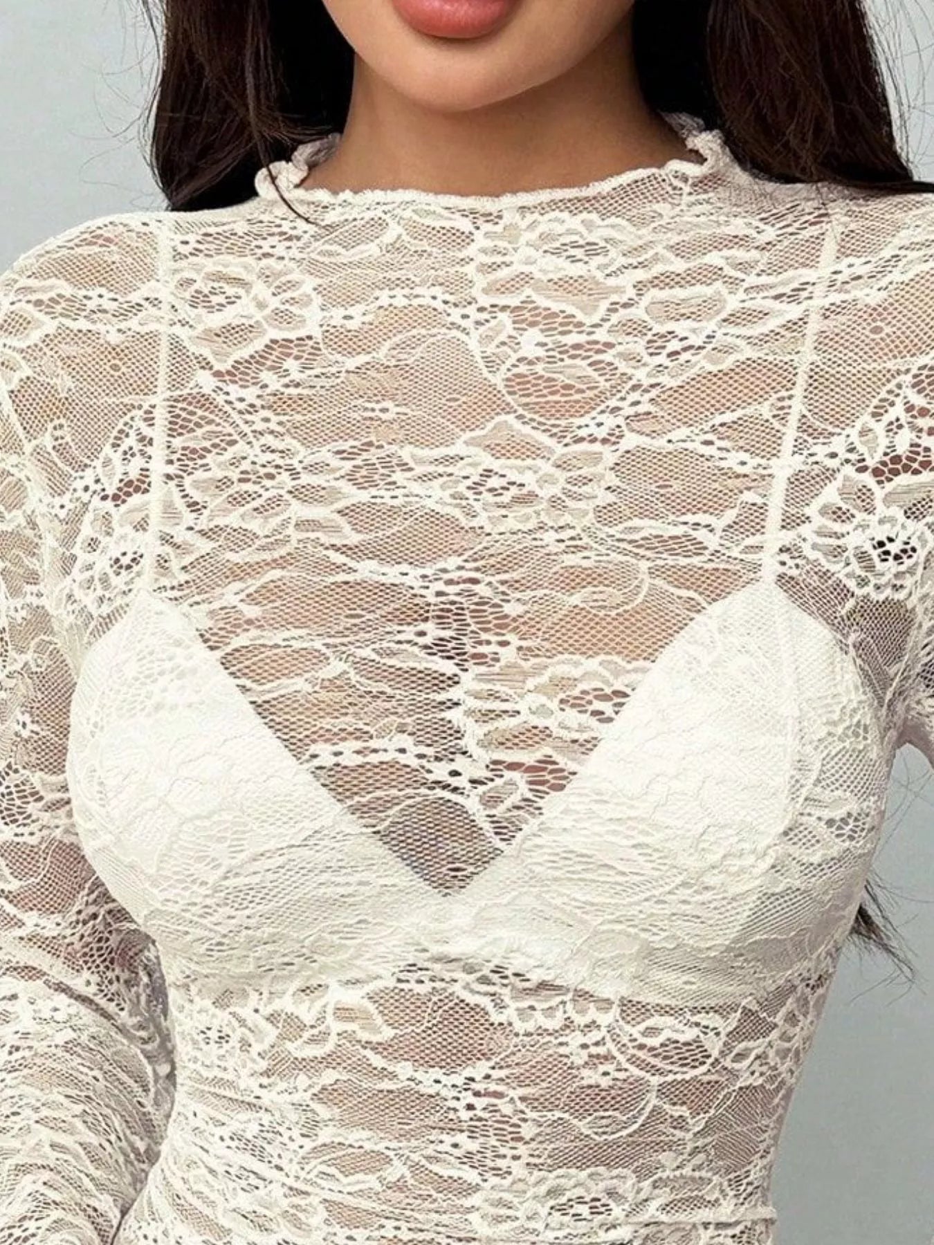 Trendsi Sheer Lace Long Sleeve Top -