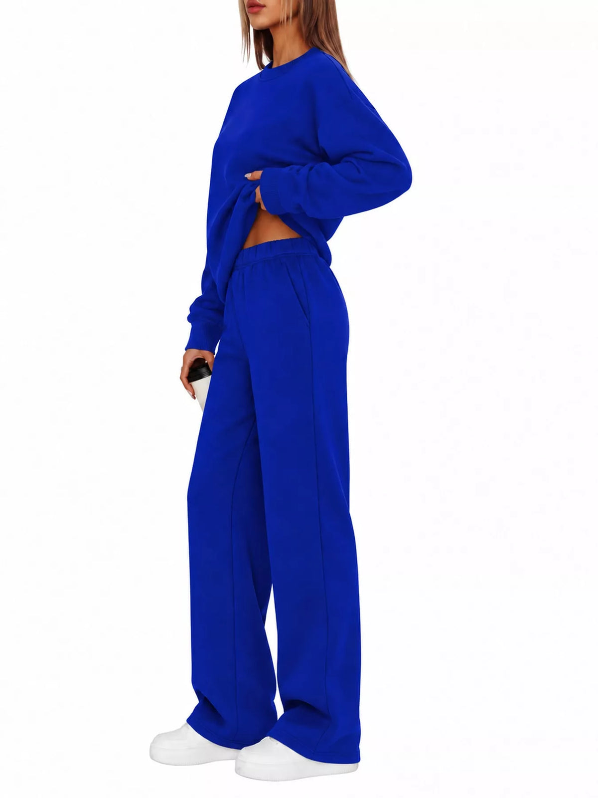 Crewneck Drop Shoulder Sweatshirt and Wide-Leg Pants Set — side view
