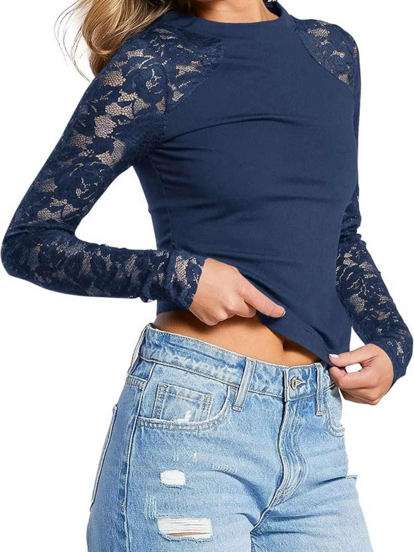 Trendsi Lace Long Sleeve Round Neck T-Shirt -