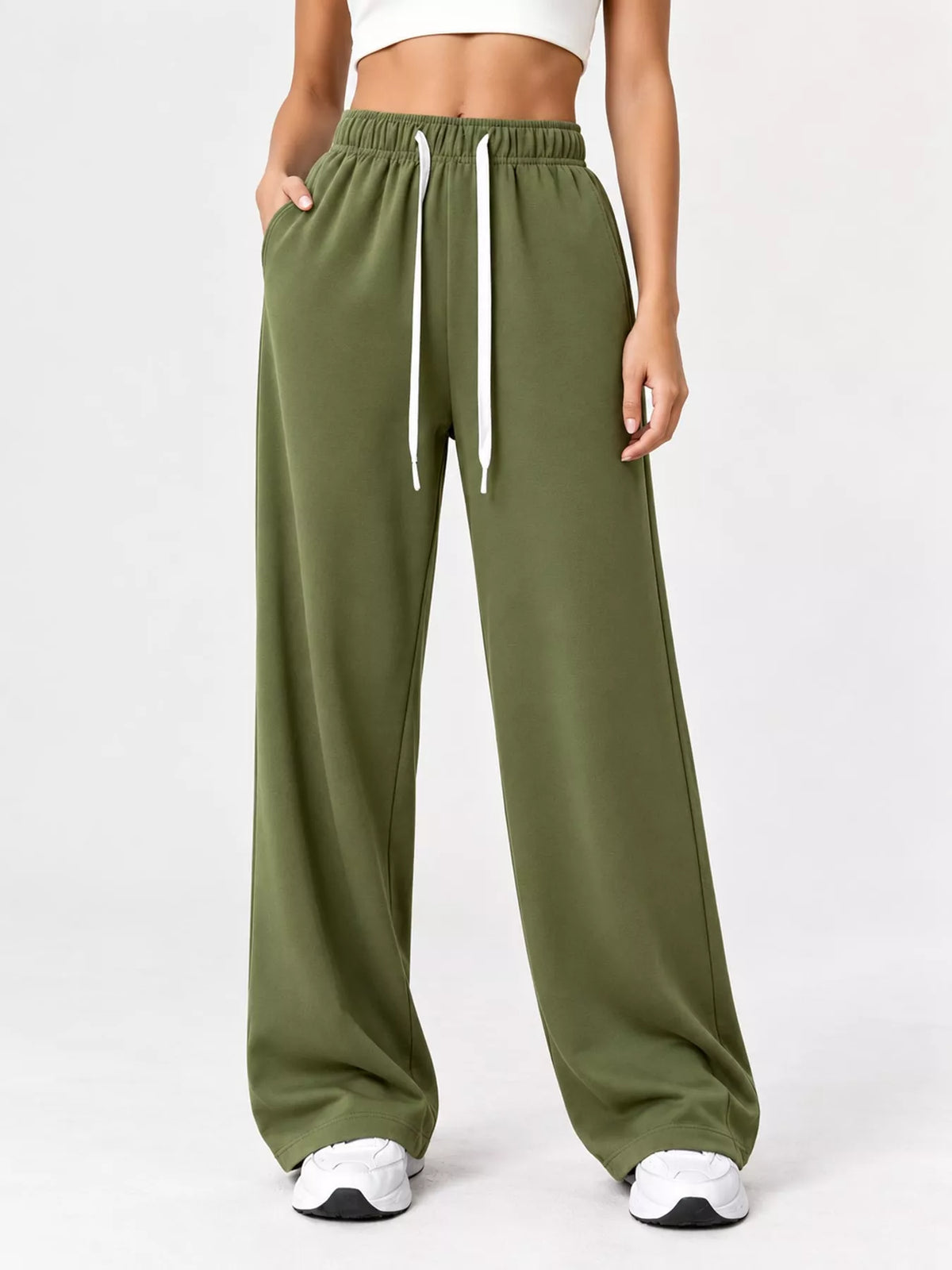 Olive wide-leg pants with drawstring
