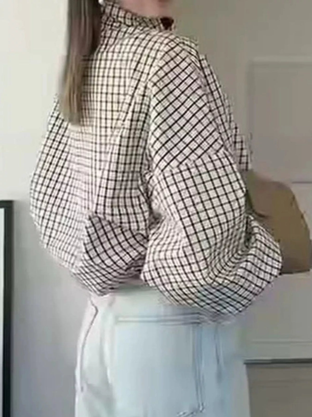 White and black check contrast lapel plaid jacket — back view