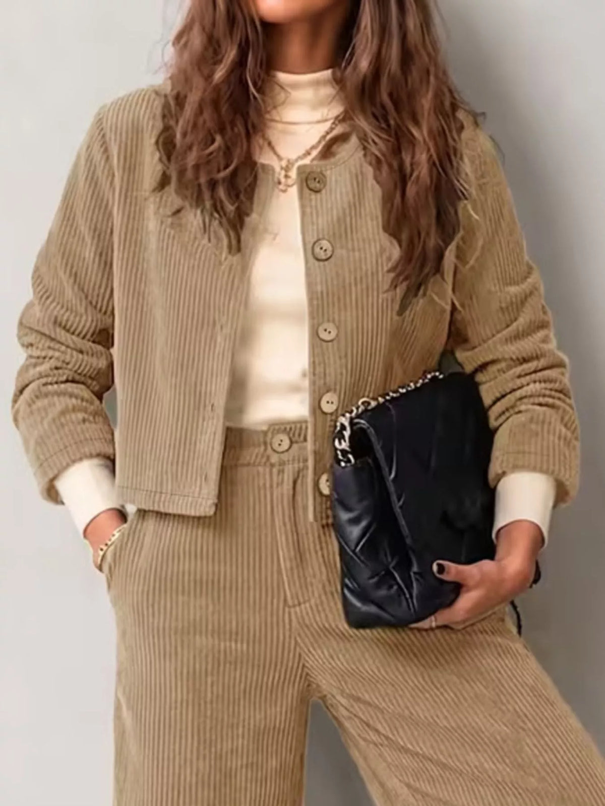 Women's Corduroy Button-Down Jacket and Wide-Leg Pants Two-Piece Set in tan — top detail view