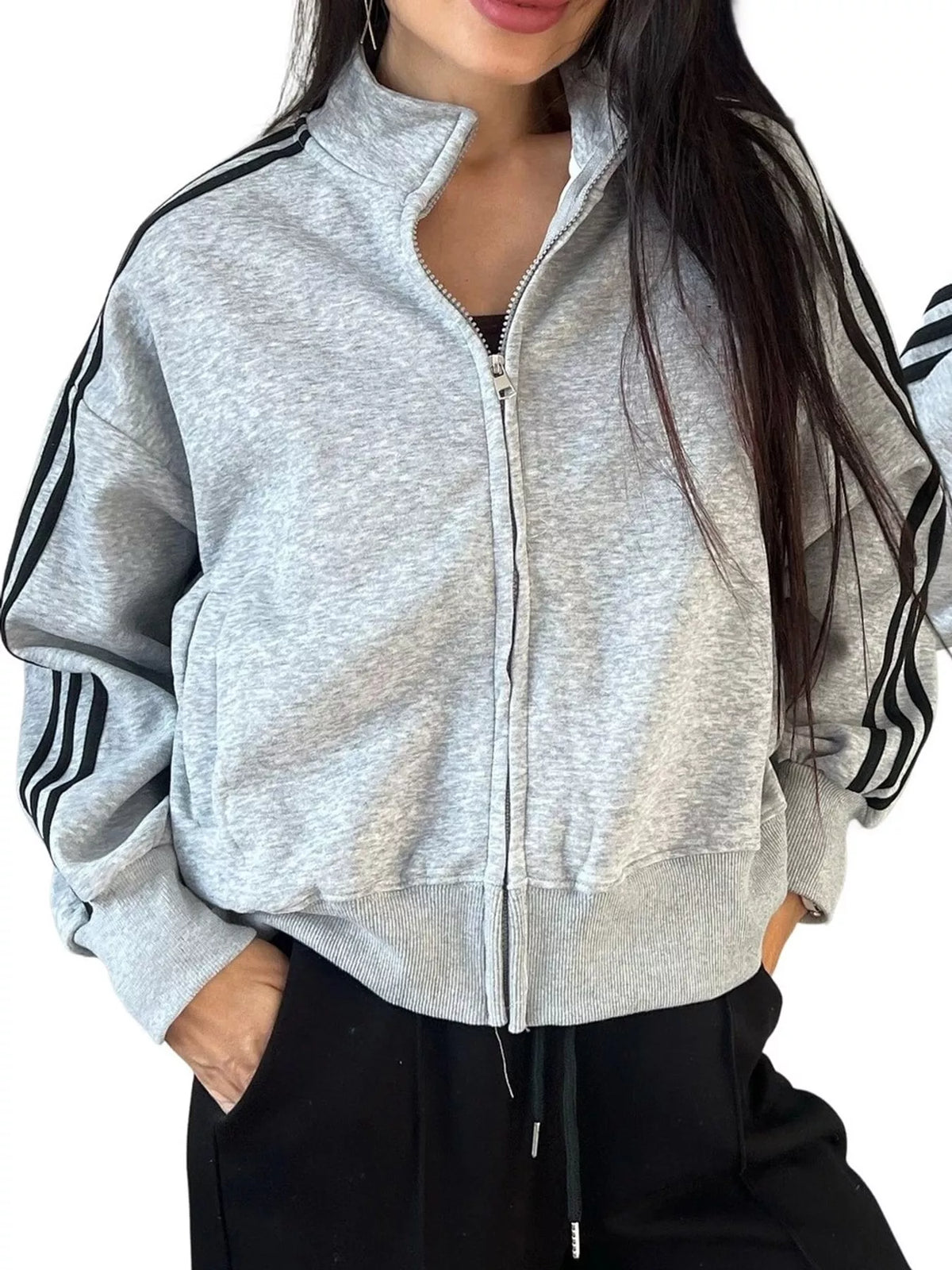 Gray side stripes zip-up sweatshirt — front view
