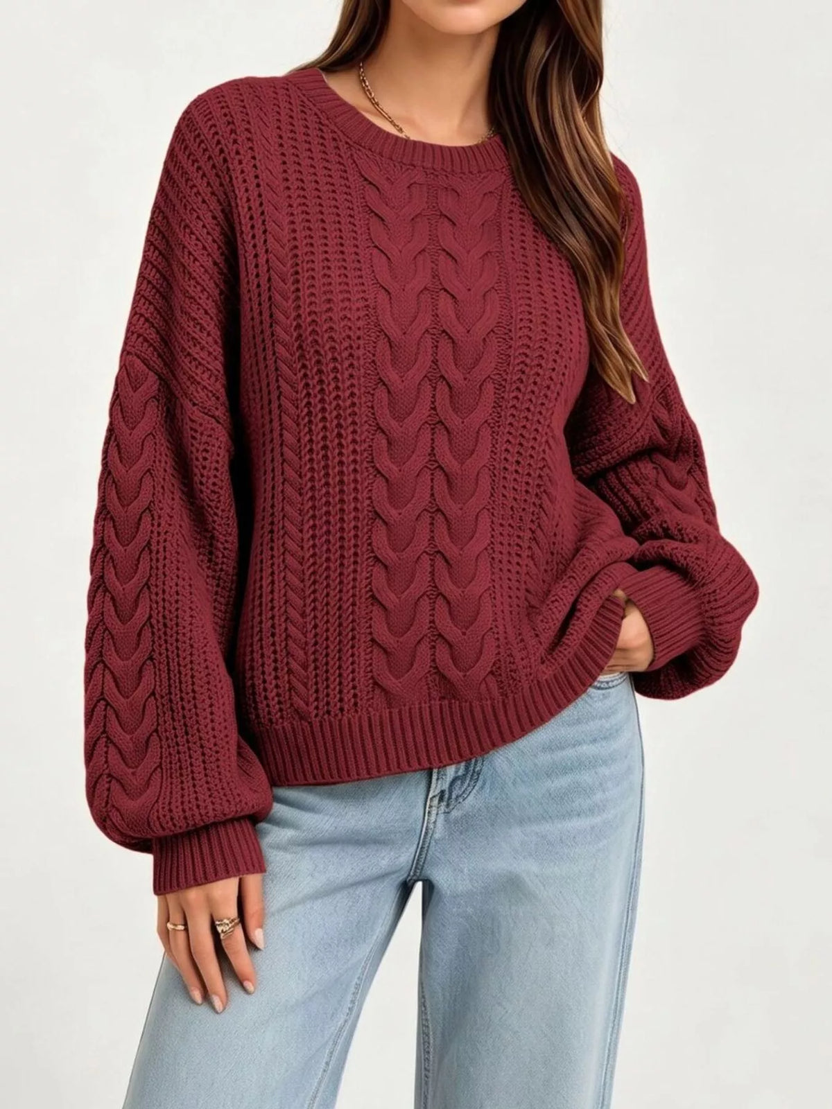 Trendsi Chunky Cable Knit Round Neck Sweater -