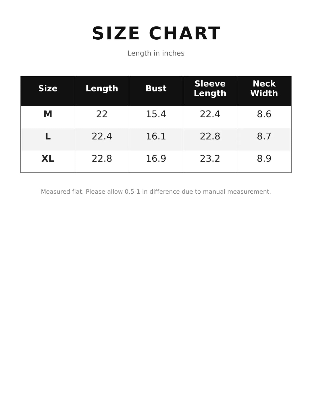 Size chart for herringbone knit sweater